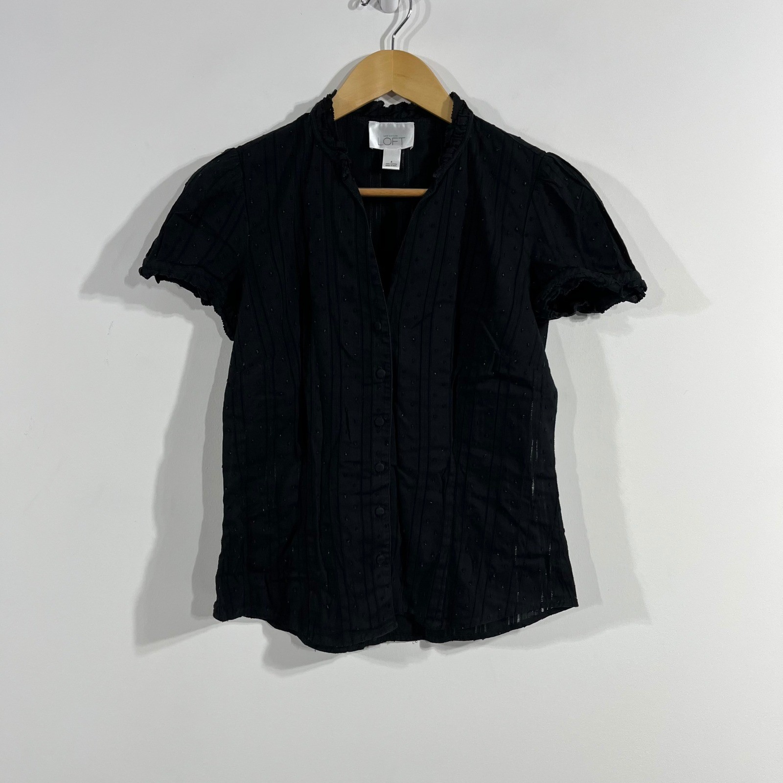 Ann Taylor Y2K Preppy Fairy Grunge Black Swiss Dot Ruffle Button Up Top Womens 4