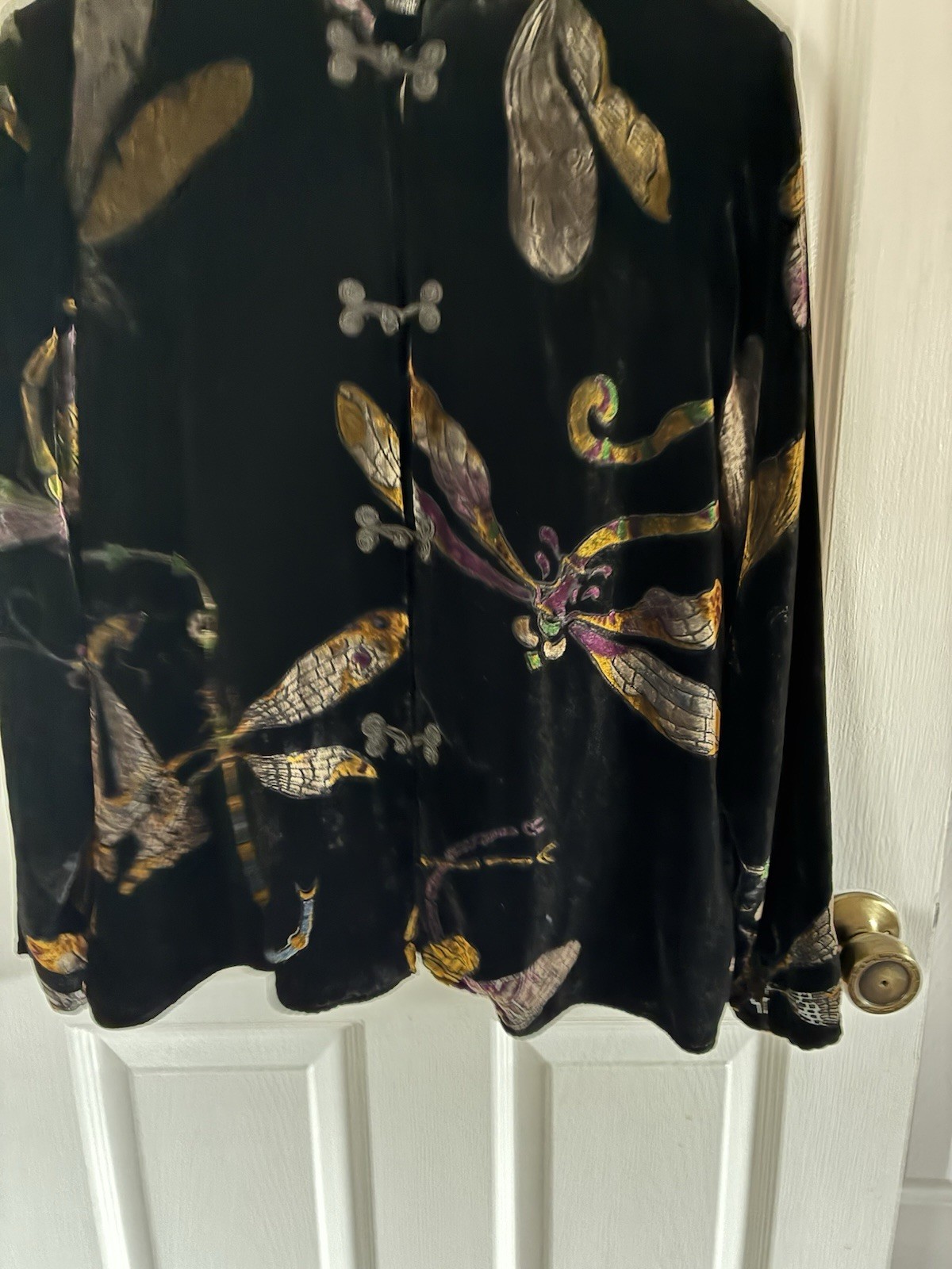 Citron Santa Monica Burnout Velvet Sheer Asian Inspired Dragonfly Print Blouse L