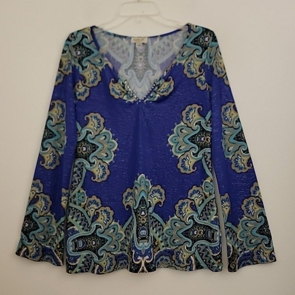 Emerald Purple, Blue & Yellow Sparkly Boho Long Sleeve Top M