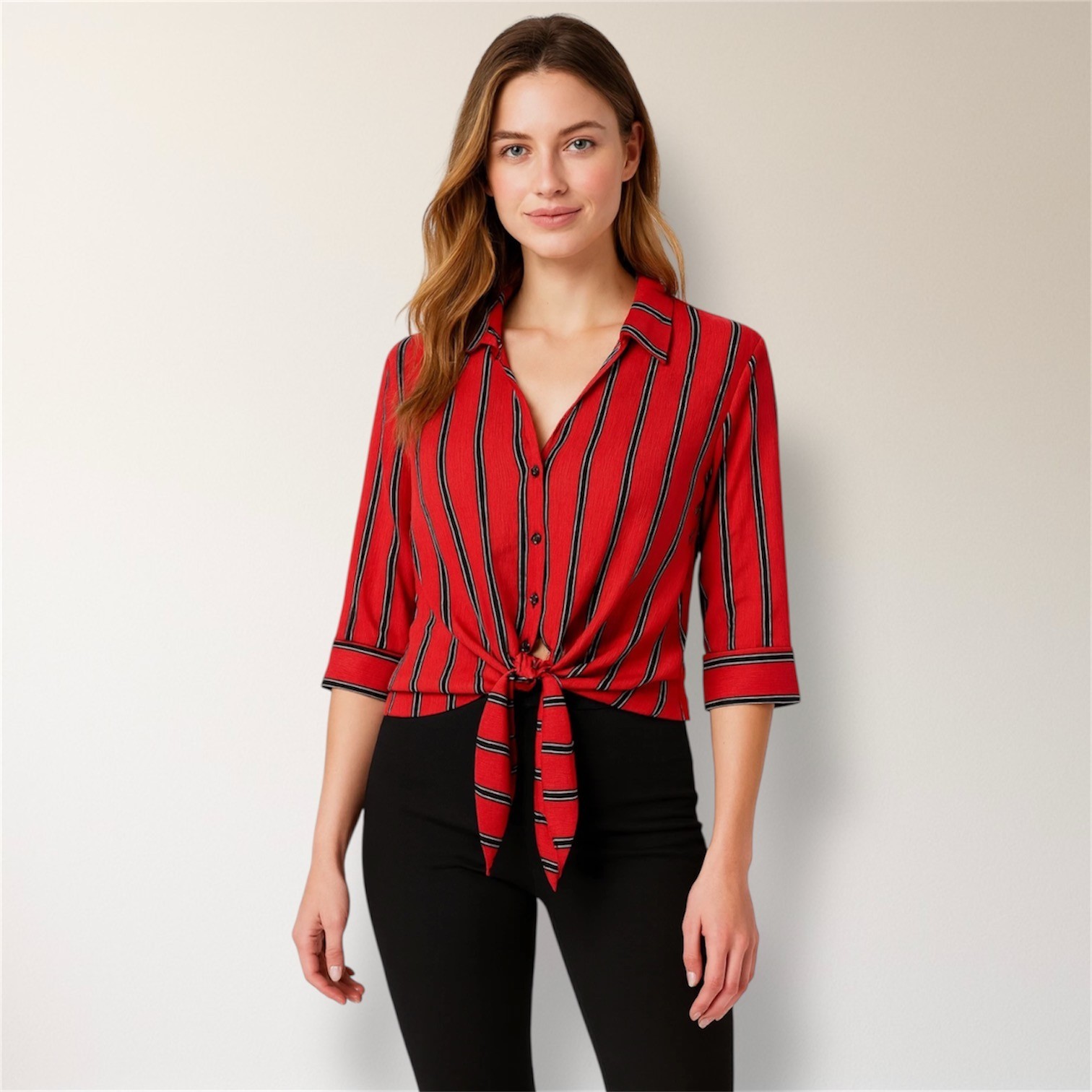 Haute Monde Red Striped Crop Blouse Tie Front Nautical Coastal Summer Top Small