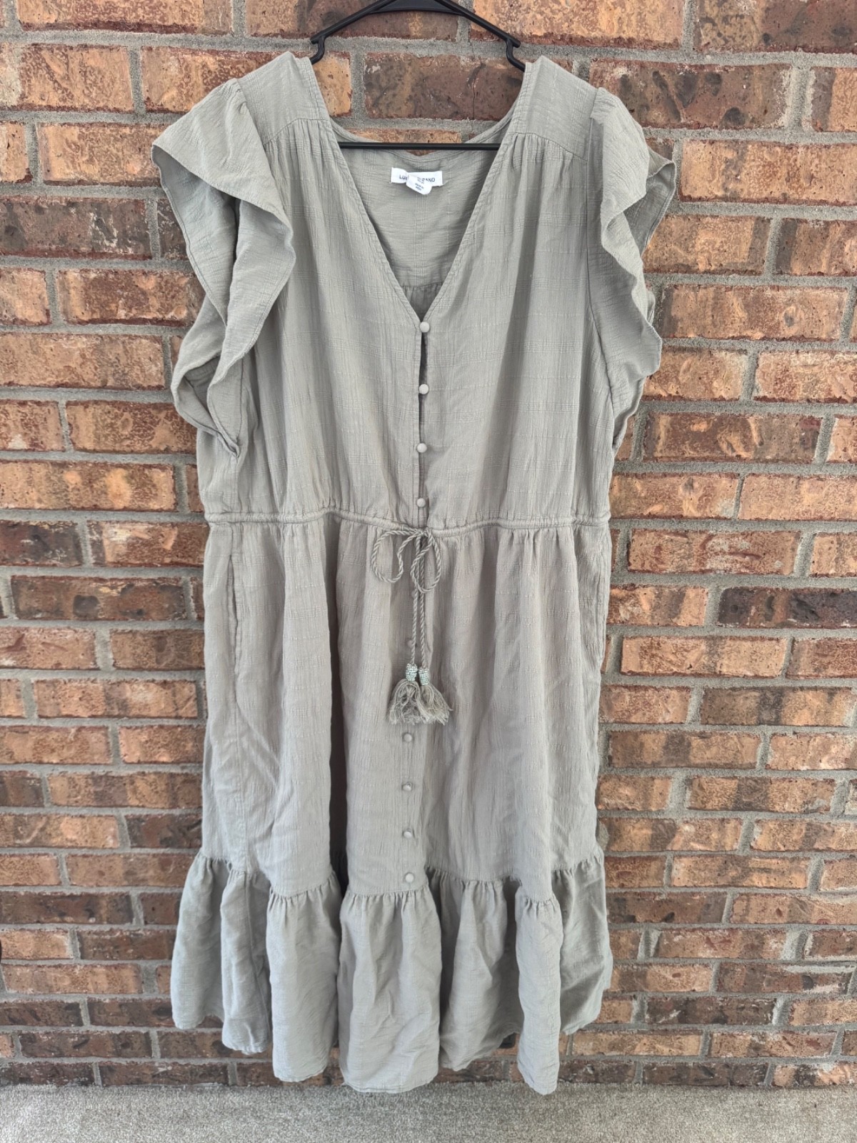 Lucky Brand 1X Sage Green Gauze Flutter Sleeve Tassel Boho Midi Dress Plus