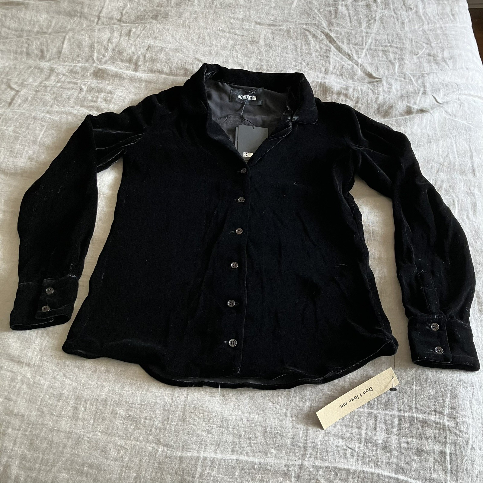 Reformation Farrah Black Velvet Button Down Top – XS
