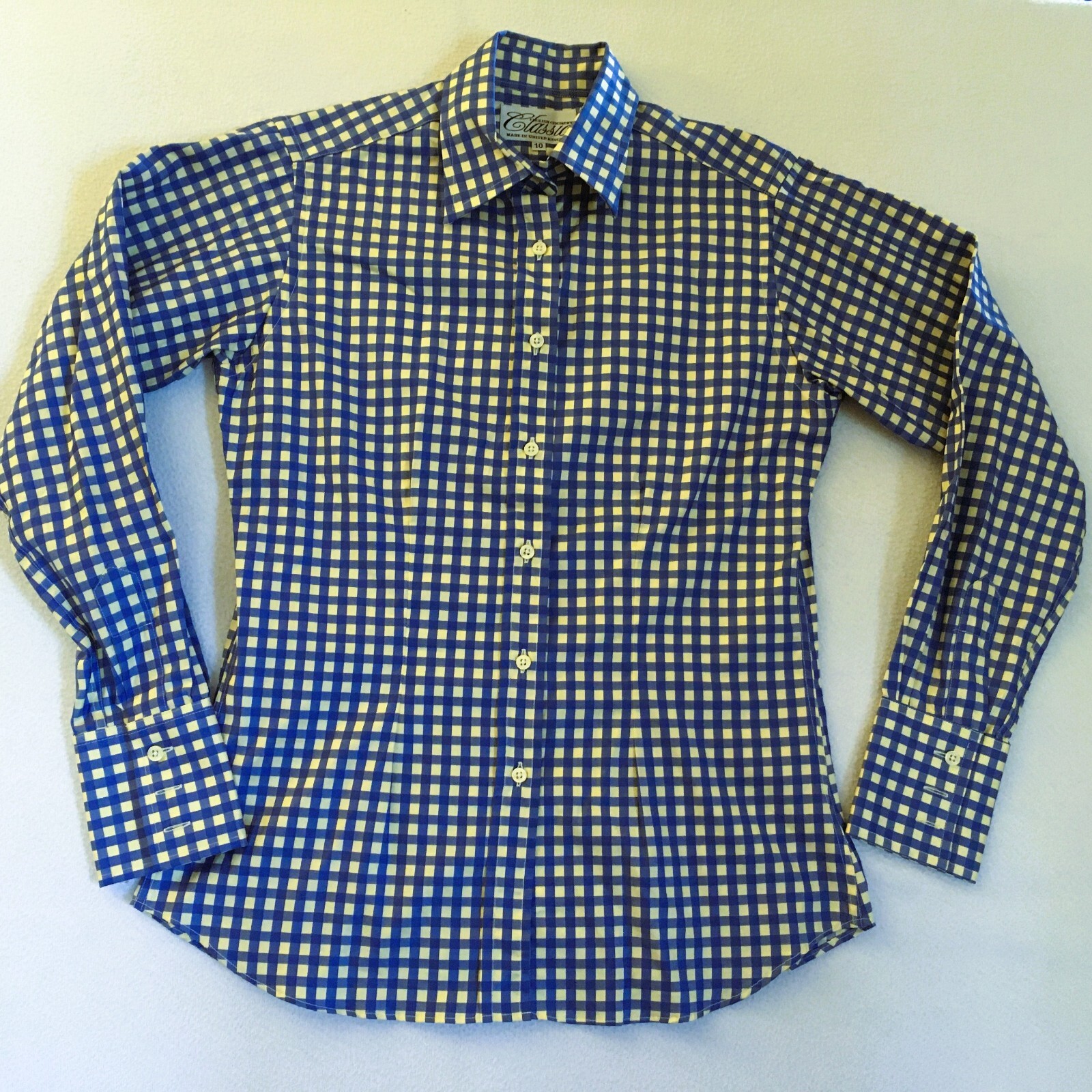 English Country Classics Button Down Long Sleeve Shirt Blue Yellow UK10