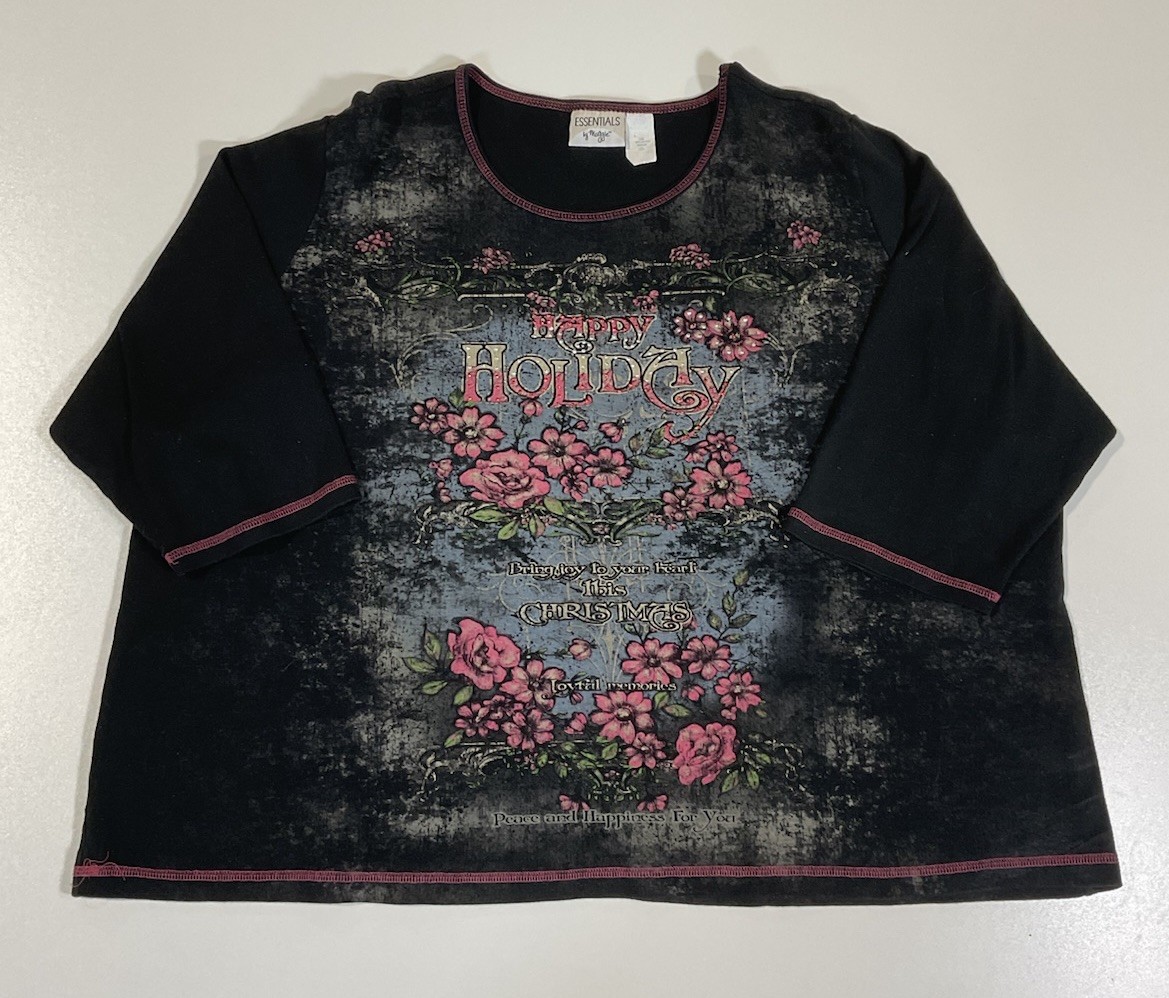 Vintage Happy Holidays Rhinestone Tattoo Top Sz XXL Made In USA McBling Y2K