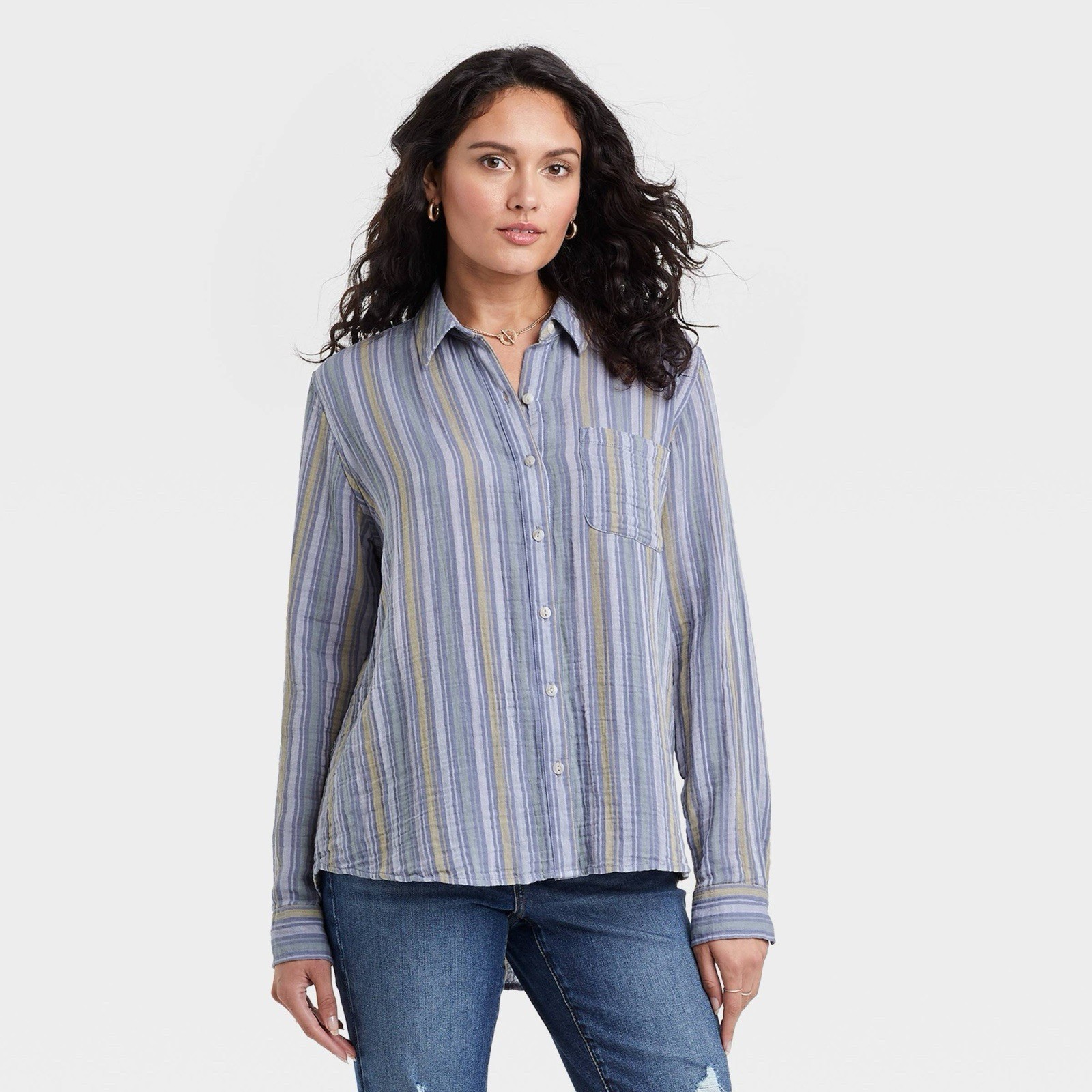 Universal Thread Blue Striped Gauze Button-Down Shirt Women’s Relaxed Fit Large