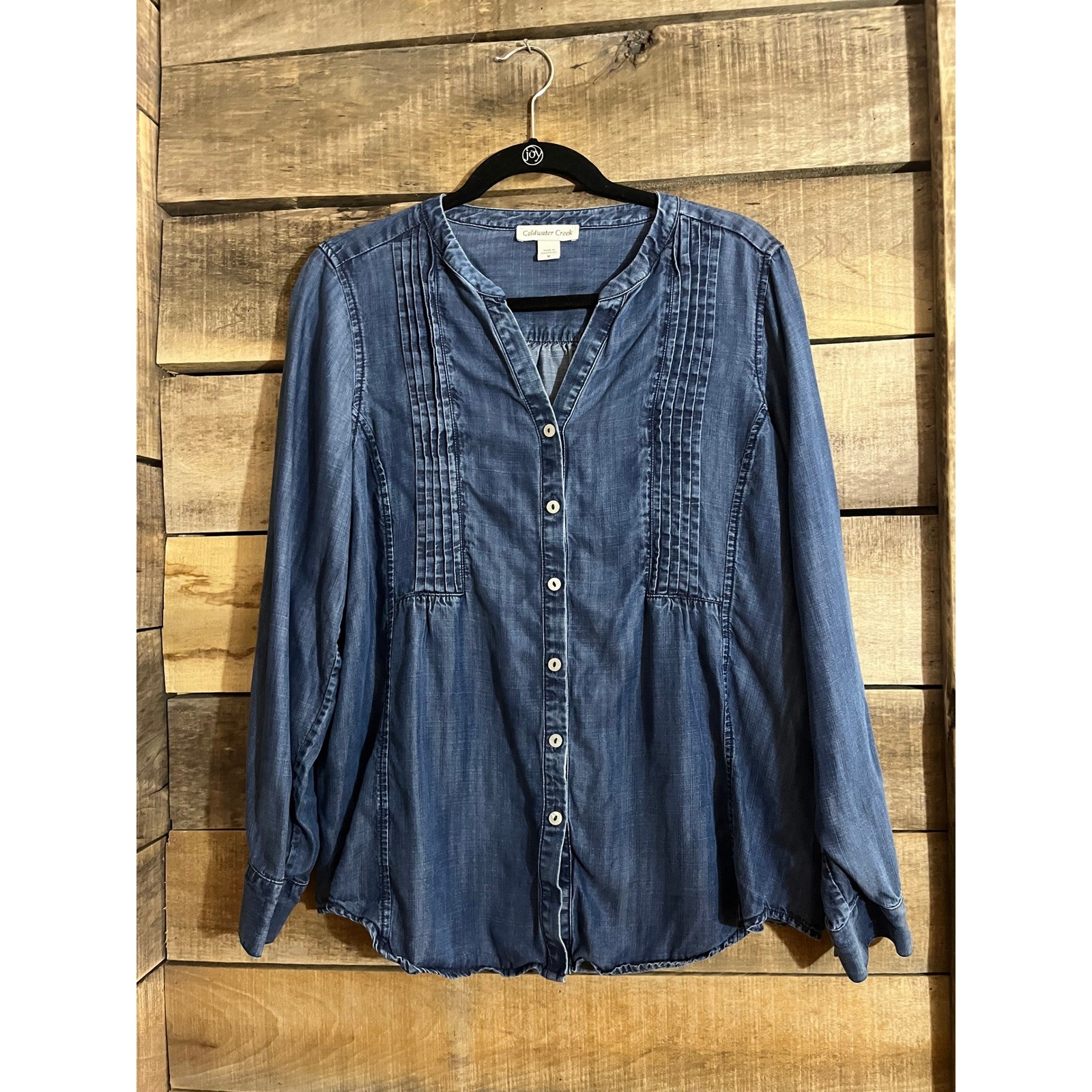 Coldwater Creek Blue Tencel Lyocell Pintuck Button Front Denim Blouse Medium