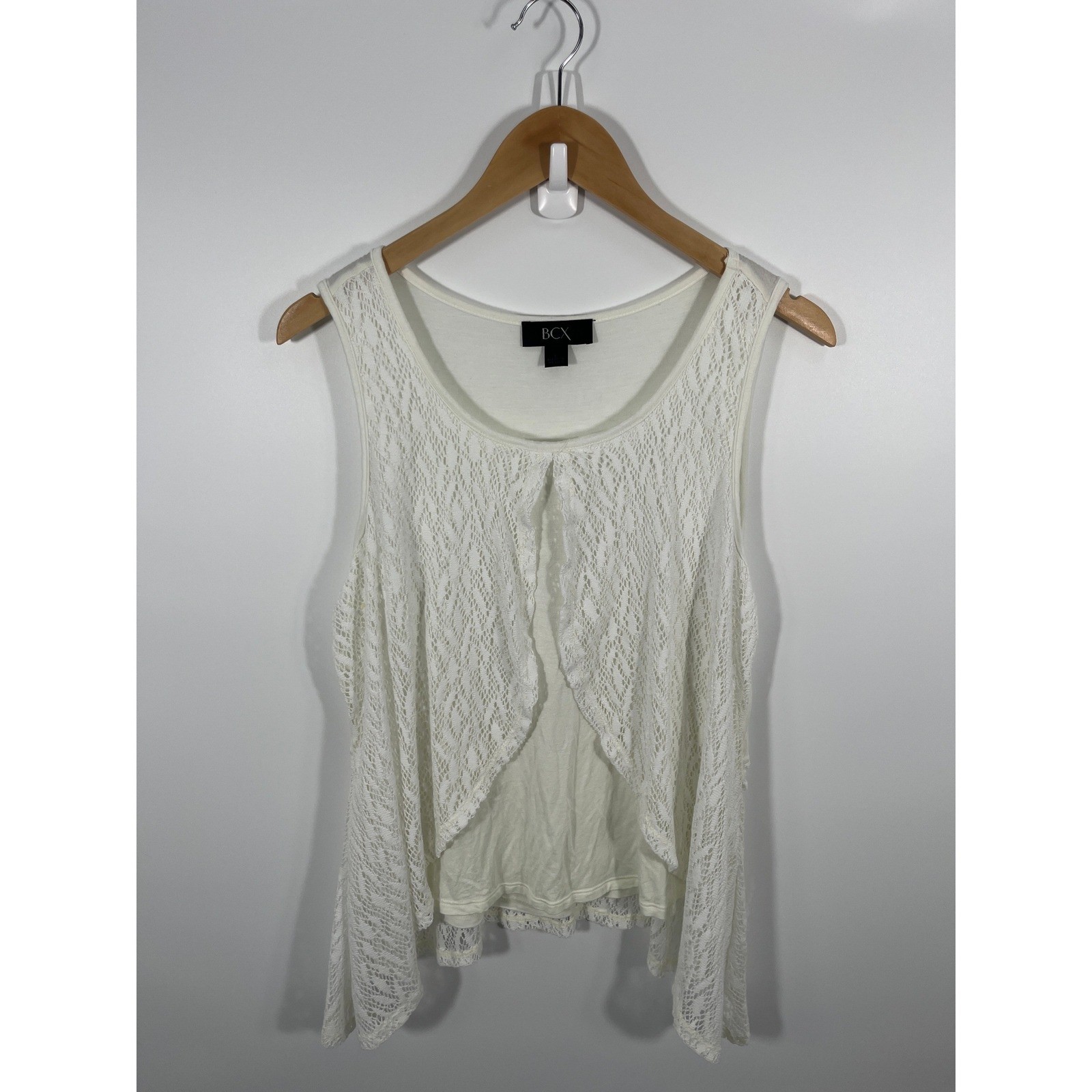 Womens Top L White Lace Boho Chic Coastal Beach Split Front Euro Summer