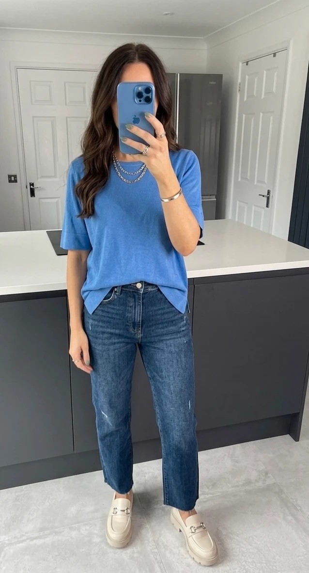 Peter Hahn Top Size 20 Blue Cotton Knitted Short Sleeve T Shirt