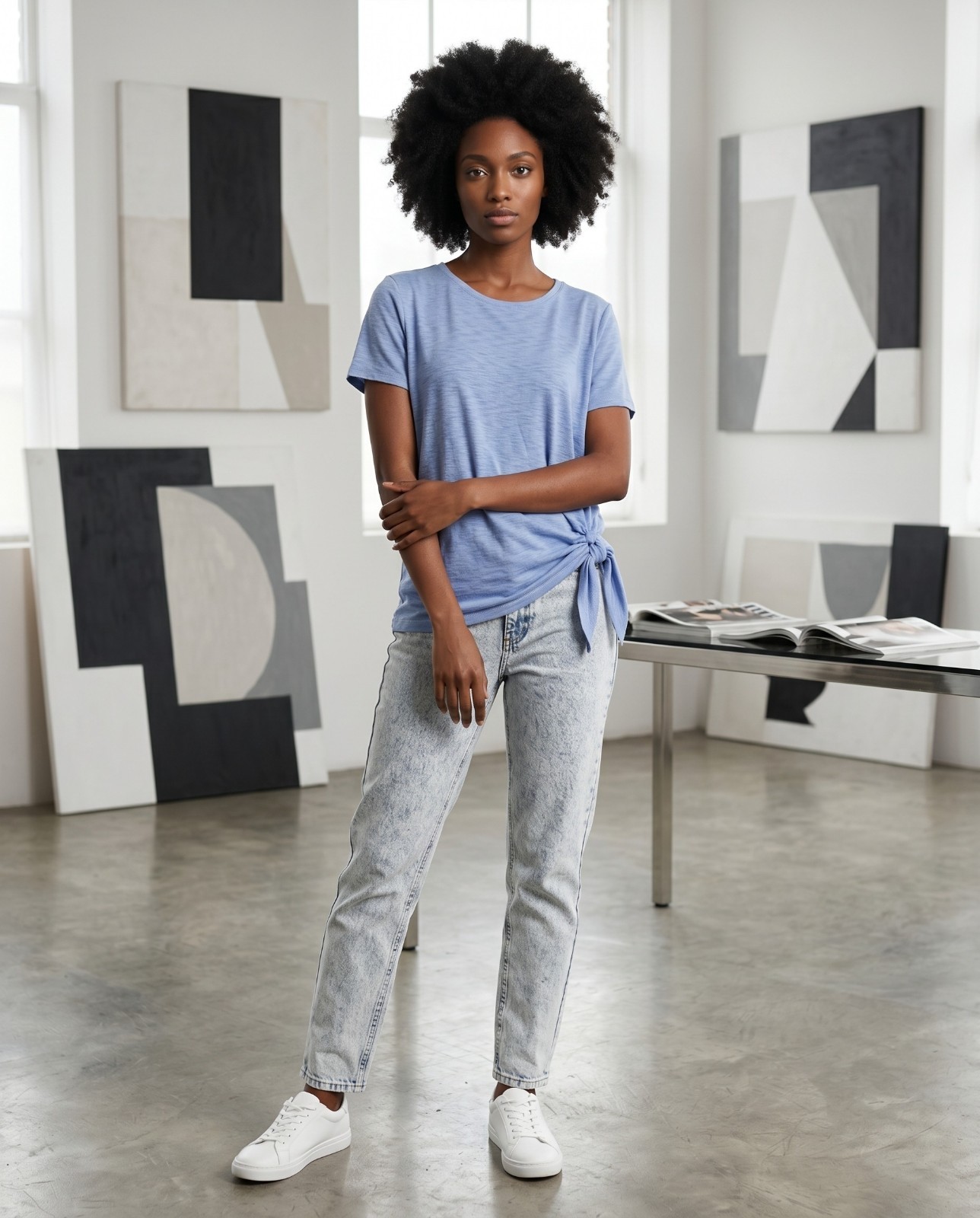 International Concepts large dusty blue ruched tie front Tee