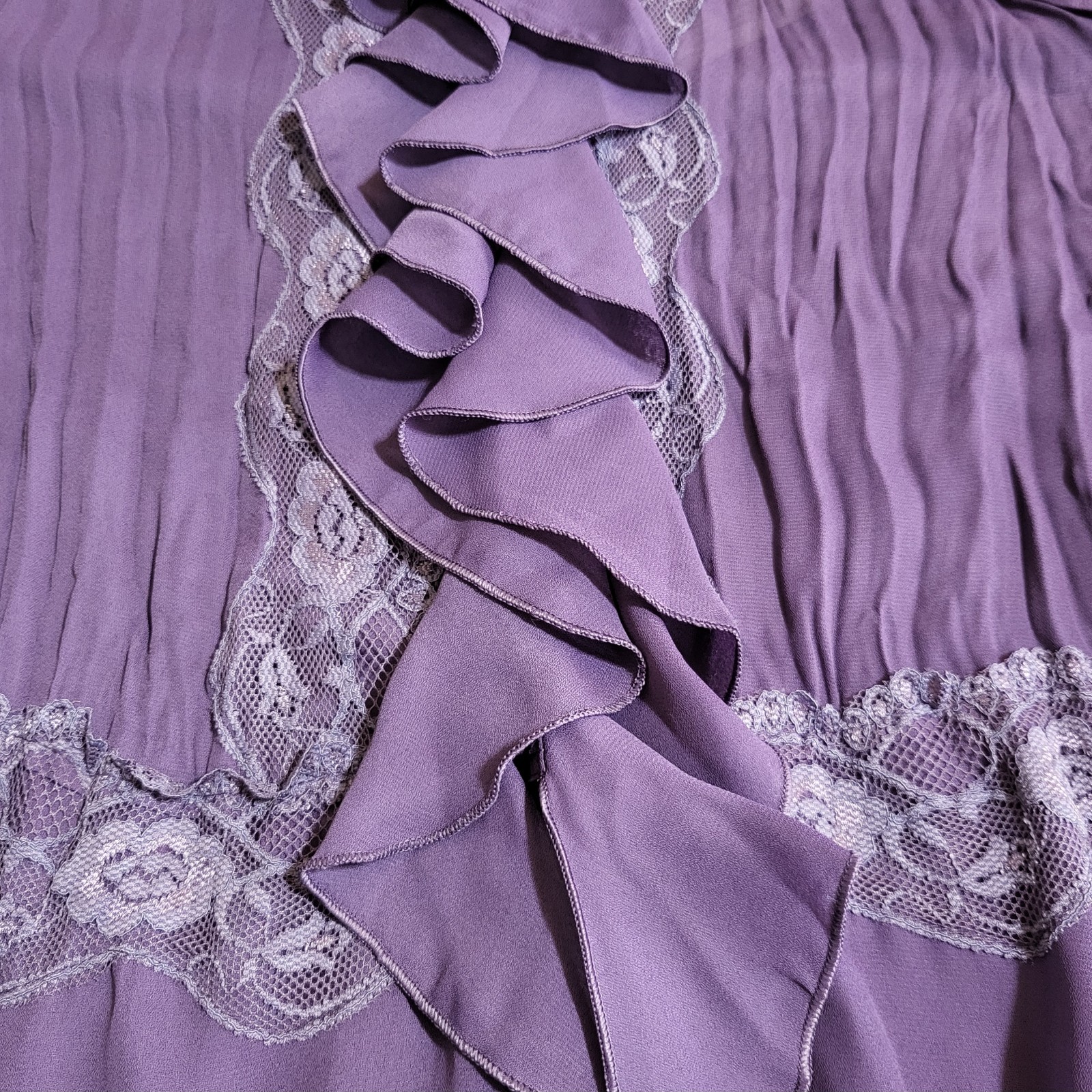 Vintage Blouse Sz S Purple Ruffle Lace Pleated Bell Sleeve Romantic Fairy Goth