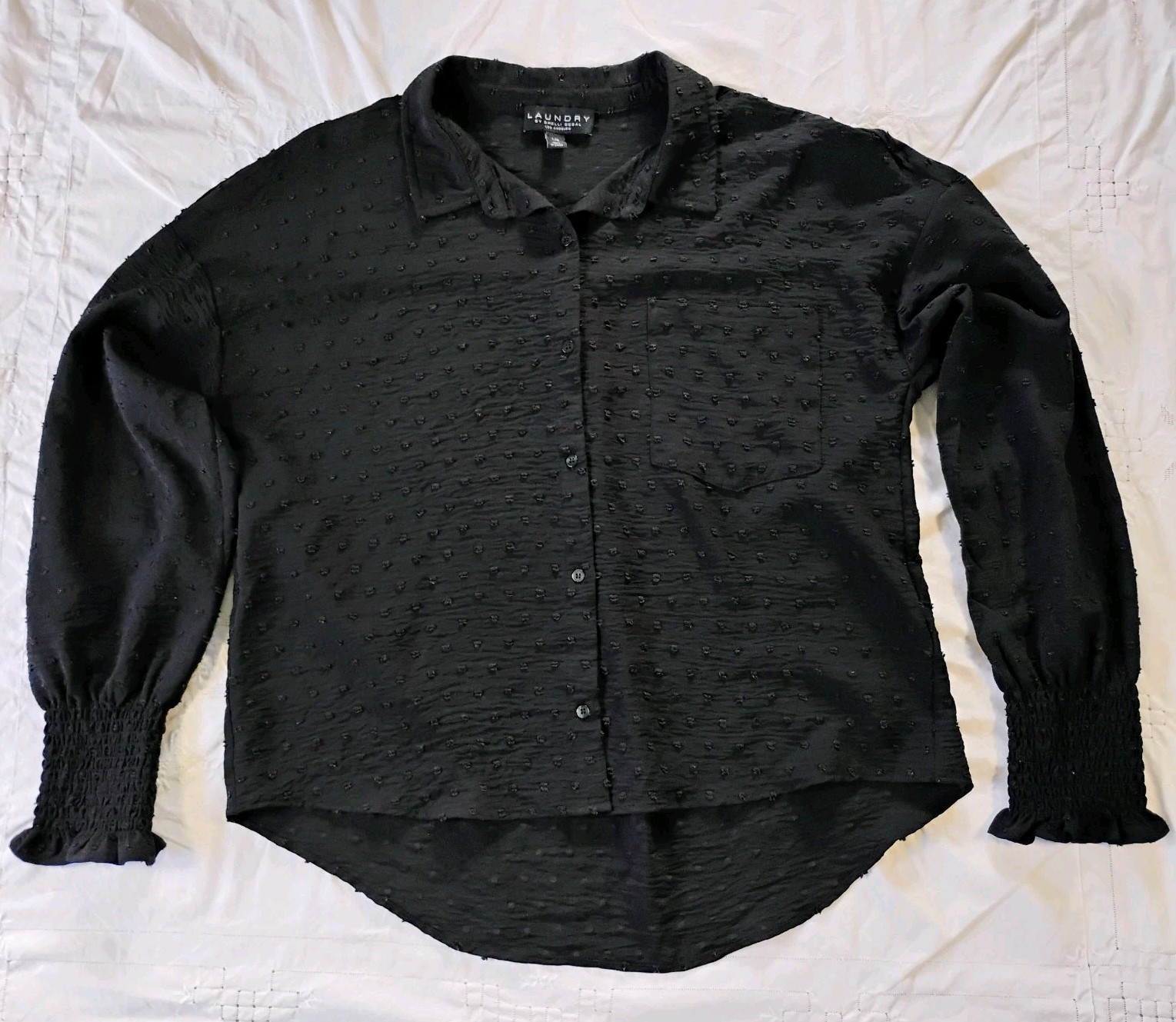 Laundry by Shelli Segal Womens Button Up Shirt L Black Embroidered Long Sleeve