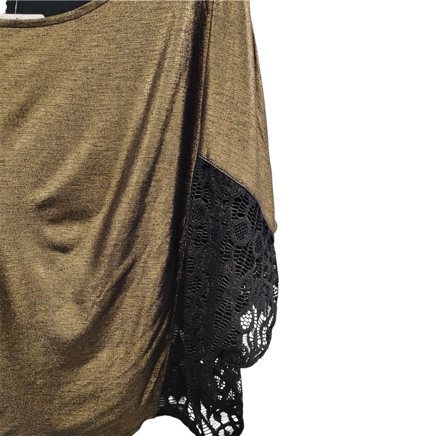 Free People Black Lace Gold Foil Crop Top Batwing Sleeves Size Medium