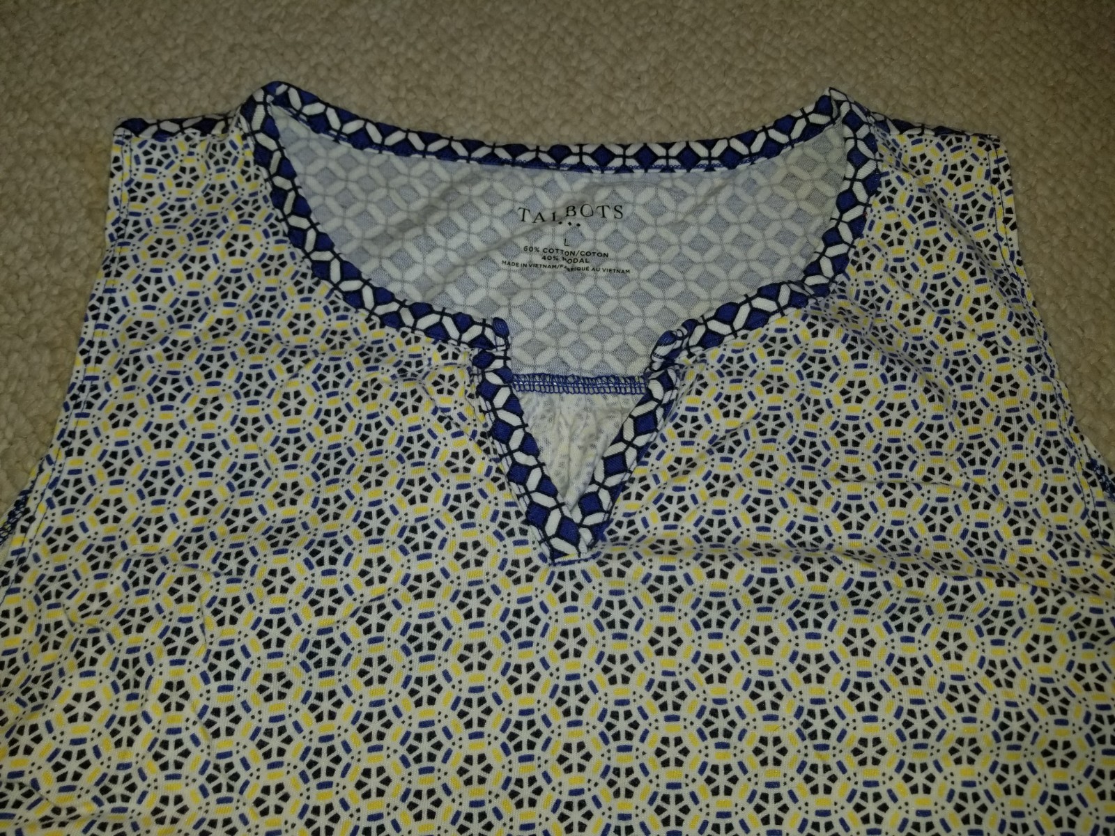 Womens Top-TALBOTS-blue/white/yellow cotton knit V-neck tunic Resort Coastal-L