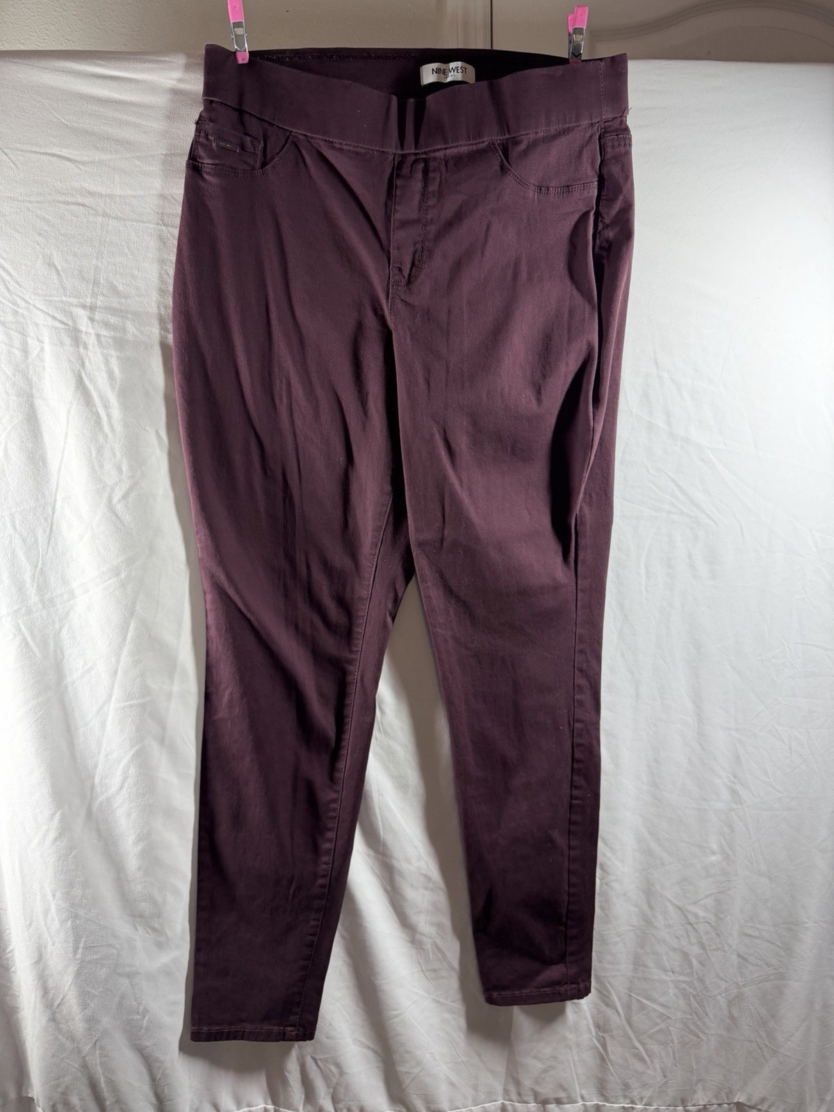 Nine West Heidi Pull On Skinny Jeans Plum Burgundy Wine High Rise Stretch Sz 10