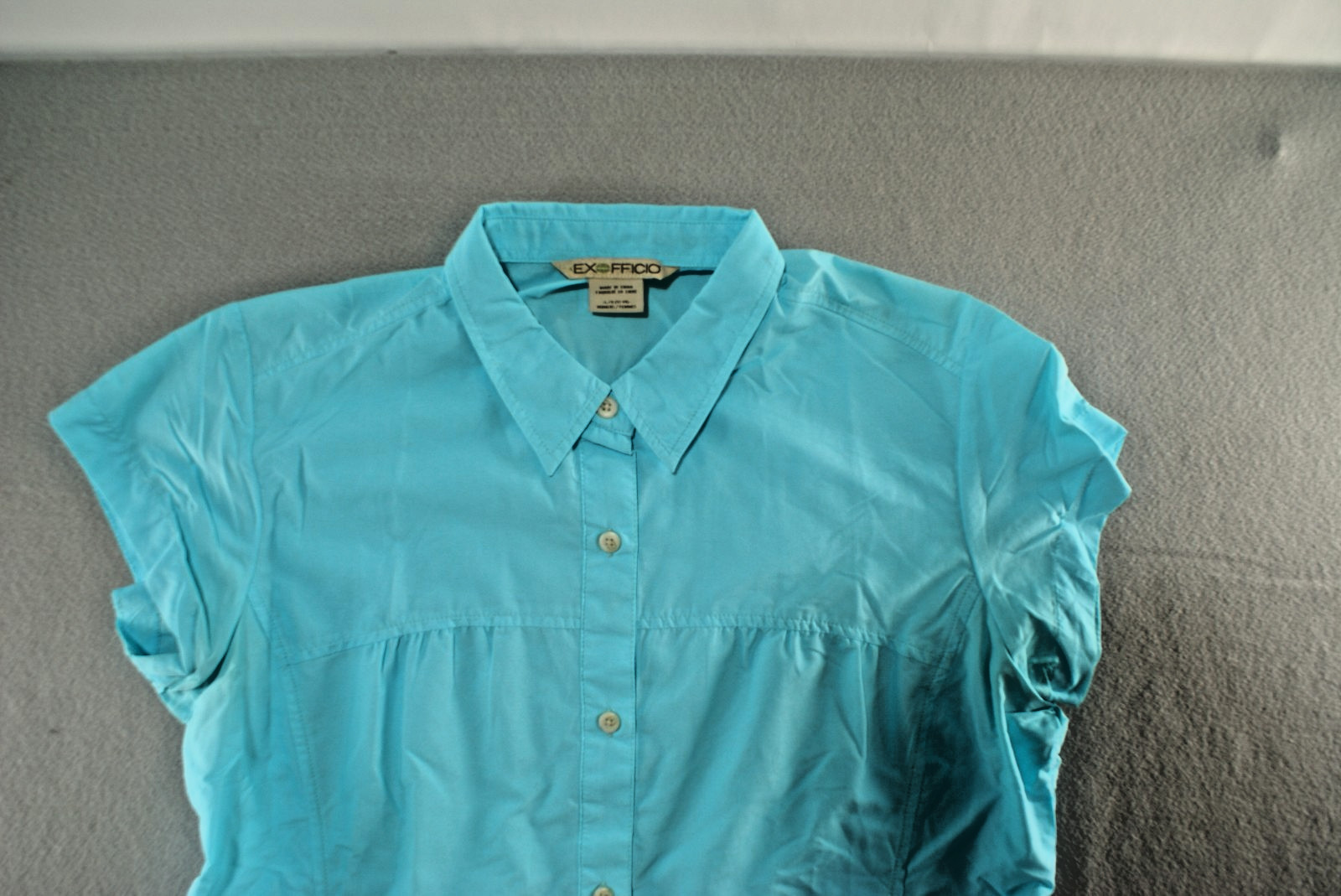 ExOfficio Adventure Travel AZUL Turquoise SS Shirt Hiking Fishing Camping Sz L