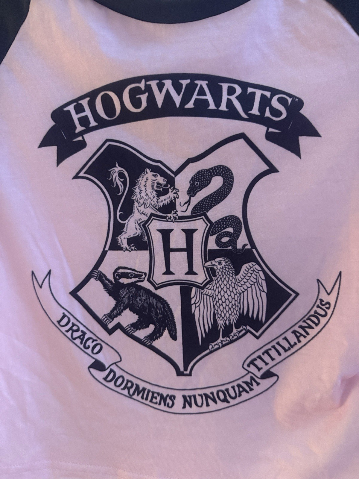 Harry Potter Hogwarts Crest Pink & Black Raglan Crop Top Tee Women’s Medium NWT
