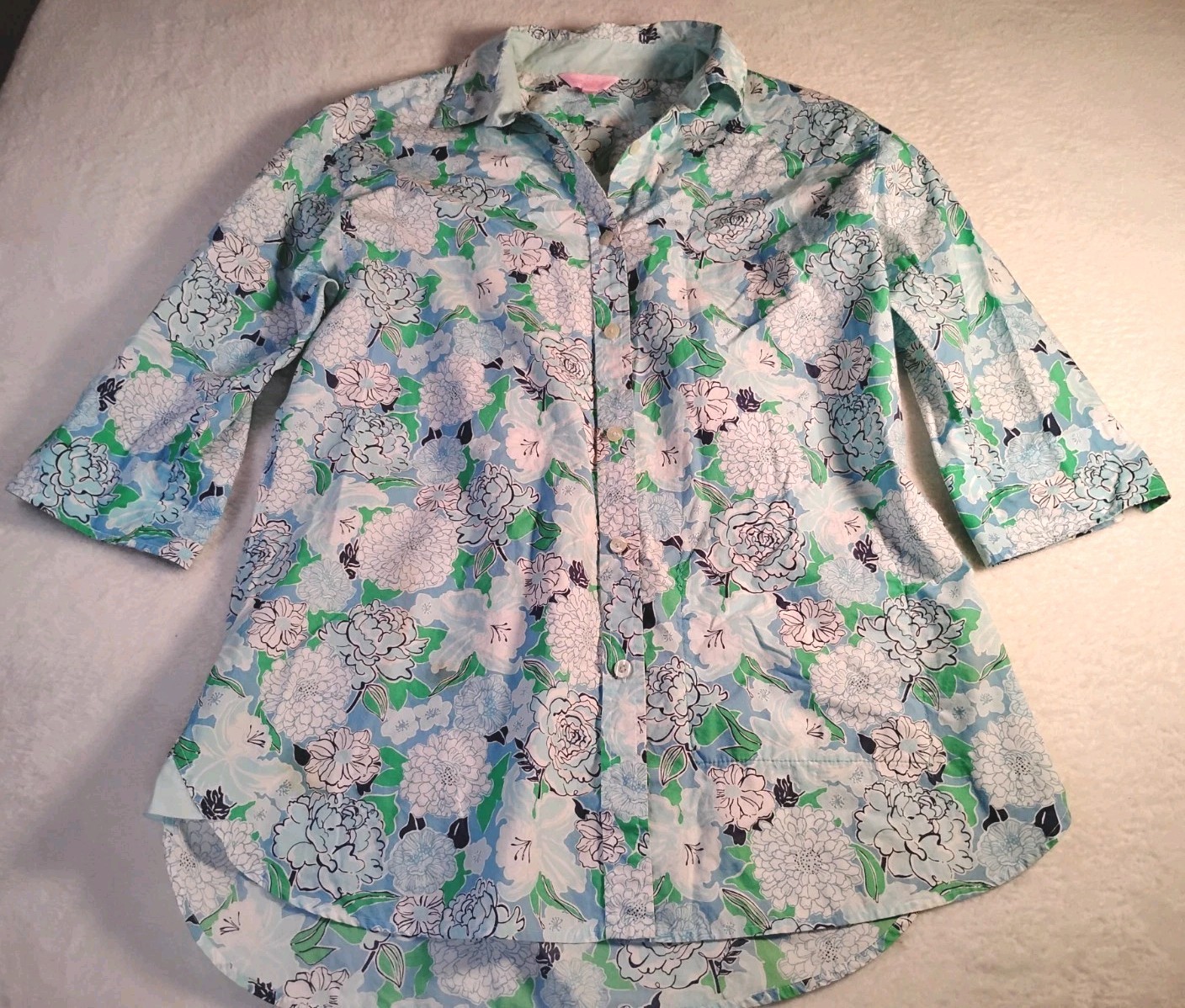 Lilly Pulitzer Floral Tunic Blouse Hi Lo Lightweight Preppy Resort Sz S Pocket