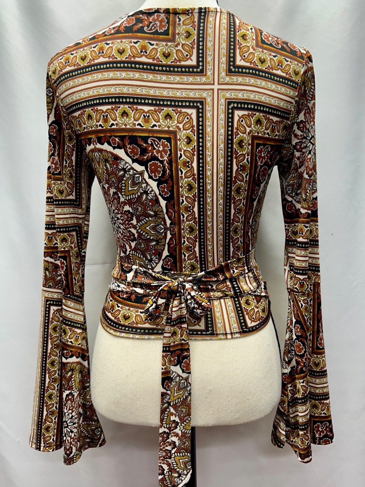 Boho Paisley Print Wrap Top With Bell Sleeves & Tie Back By Windsor S