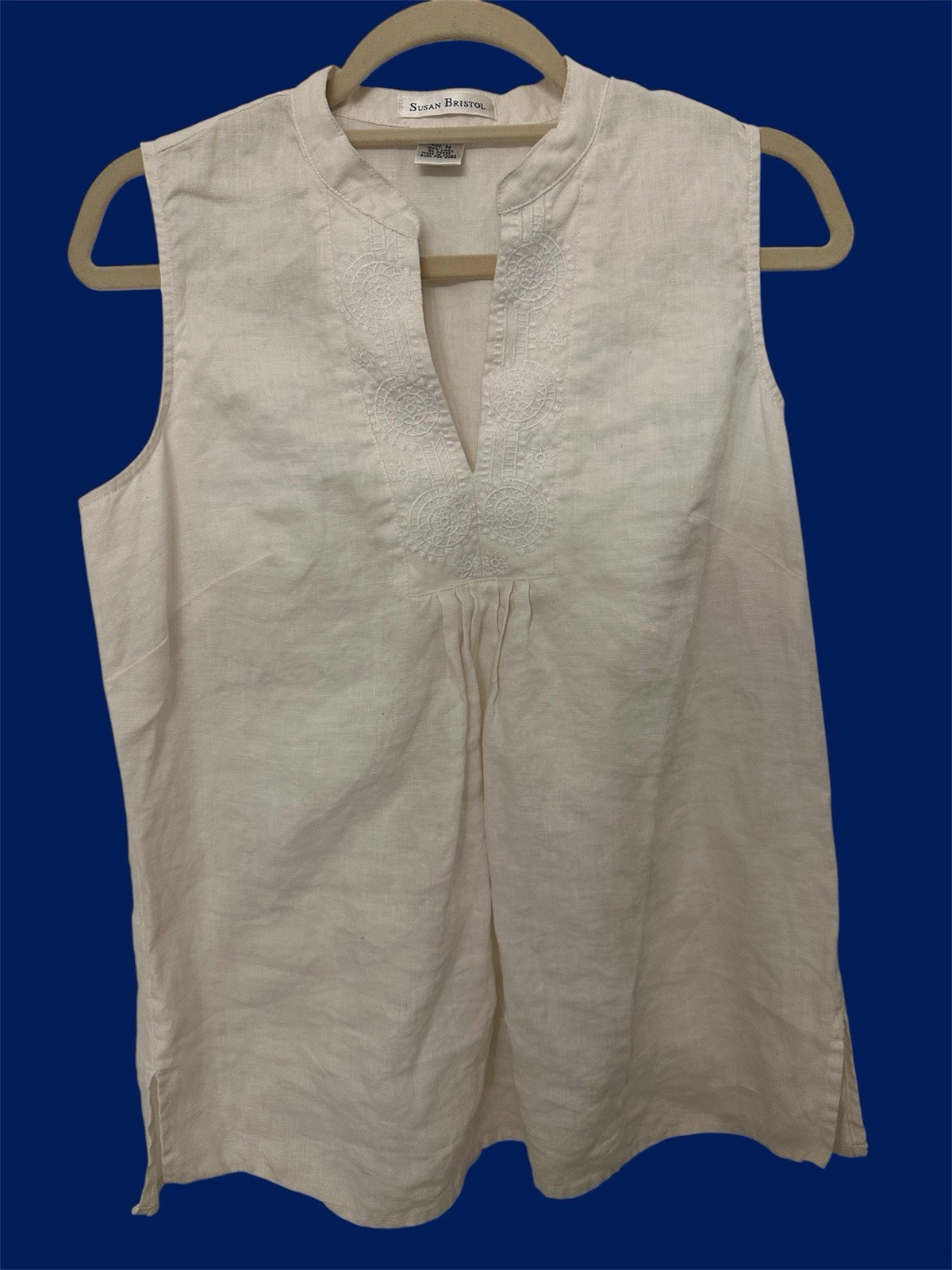 Susan Bristol Beige Embroidered Pleated Woven Linen V-Neck Blouse Women’s M