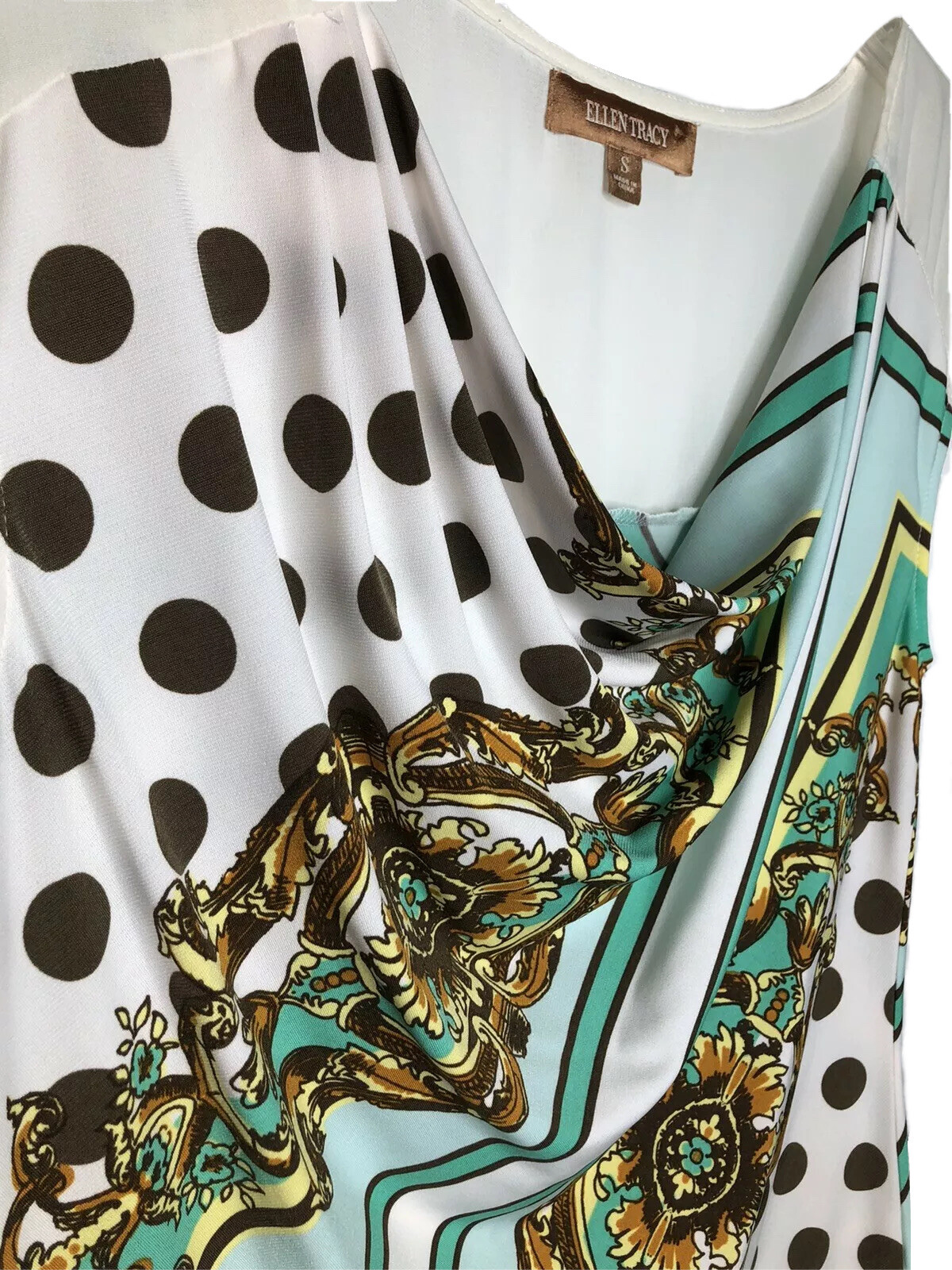 Ellen Tracy Women’s Small Cowl Neck Sleeveless Top Multi Color Green Gold Brown