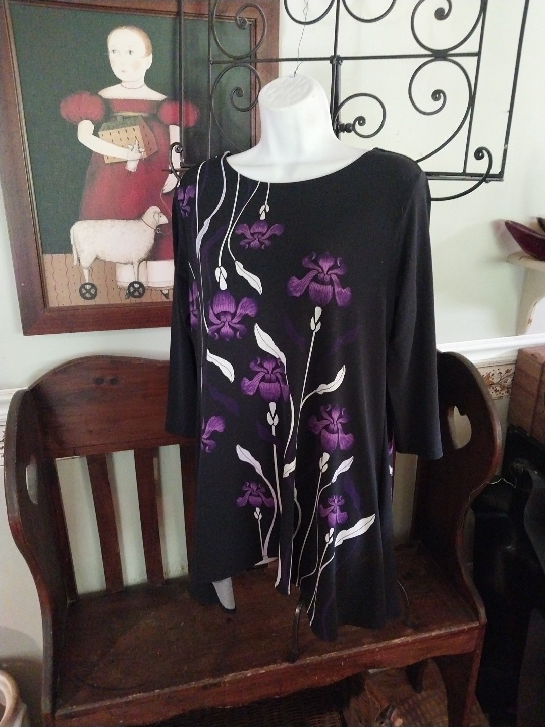 ALFANI TOP PURPLE IRIS FLORAL PULLOVER SHIRT SIZE S WASHABLE BELOW HIP CASUAL