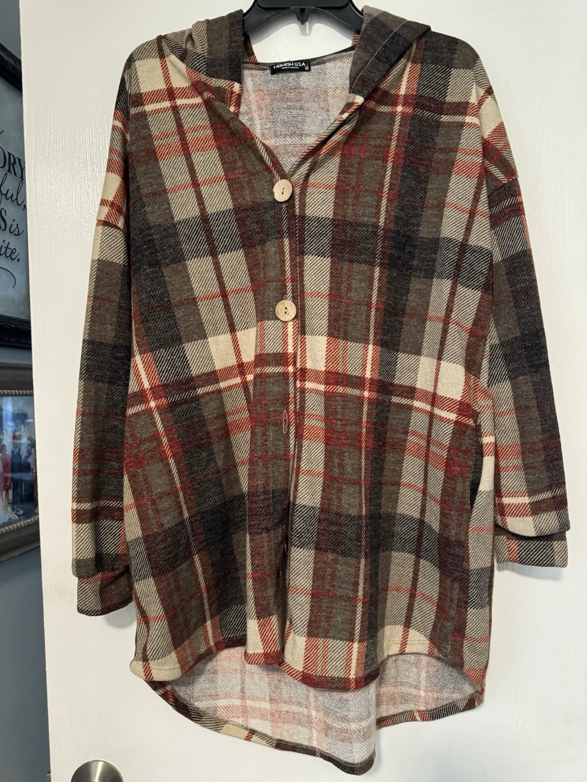 Women’s Size Small Oversized Button Up Hooded Flannel. Thigh Length