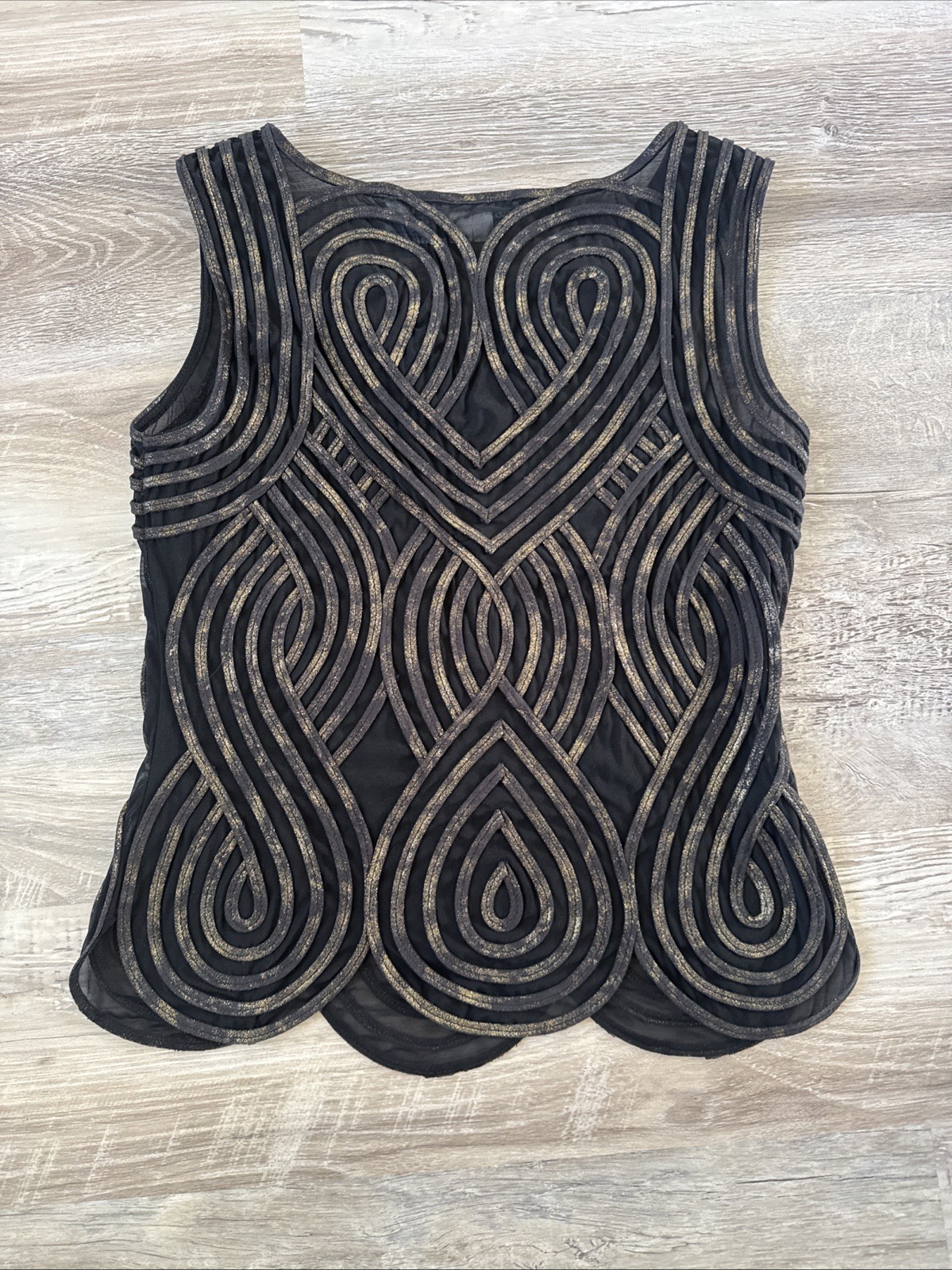 Alexandra Rosati Sleeveless Mesh Ribbon Top Size 6 Avant Garde Black Gold