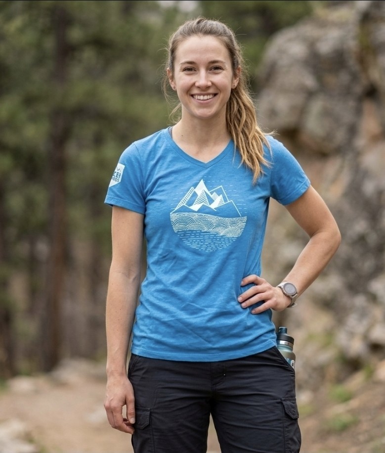 REI Coop T-Shirt Women Size Medium Blue Camp Mountain Logo Short Sleeve Fitted
