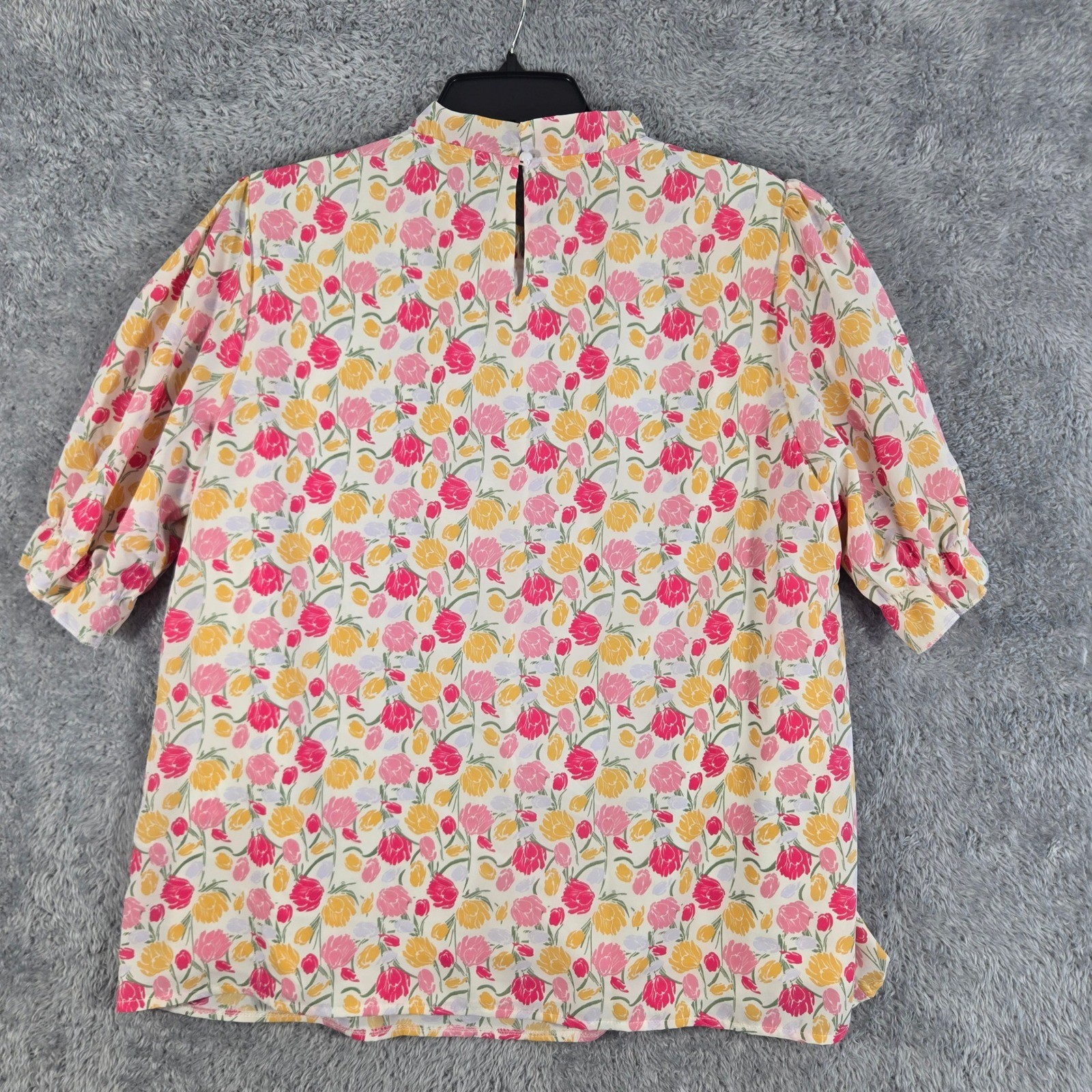 BTFBM Womens Floral Tulip Print Mock Neck Blouse Pink Yellow White Size L