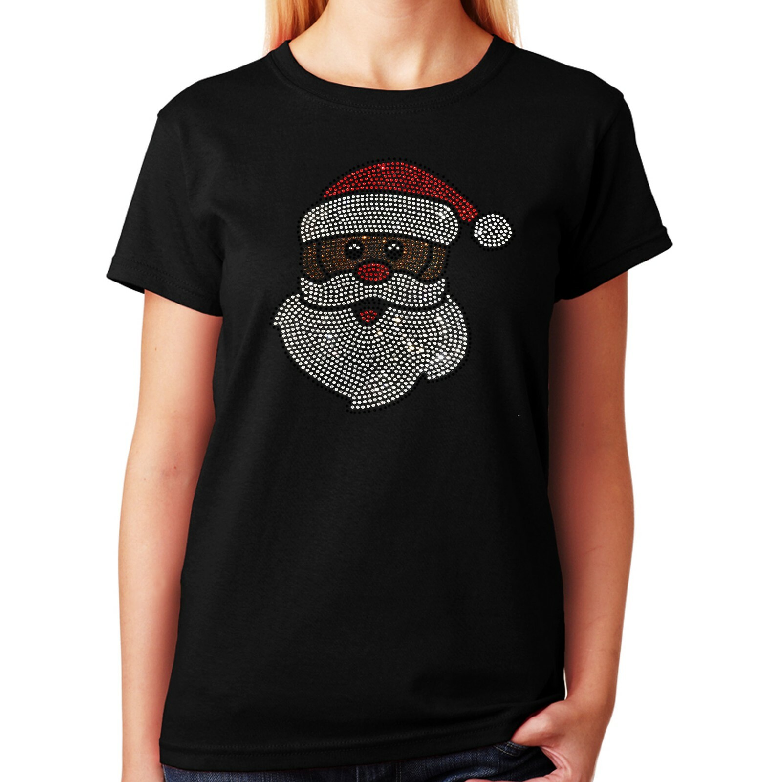 Women’s / Unisex Rhinestone T-shirt ” African American Santa Claus ” in Sm – 3XL