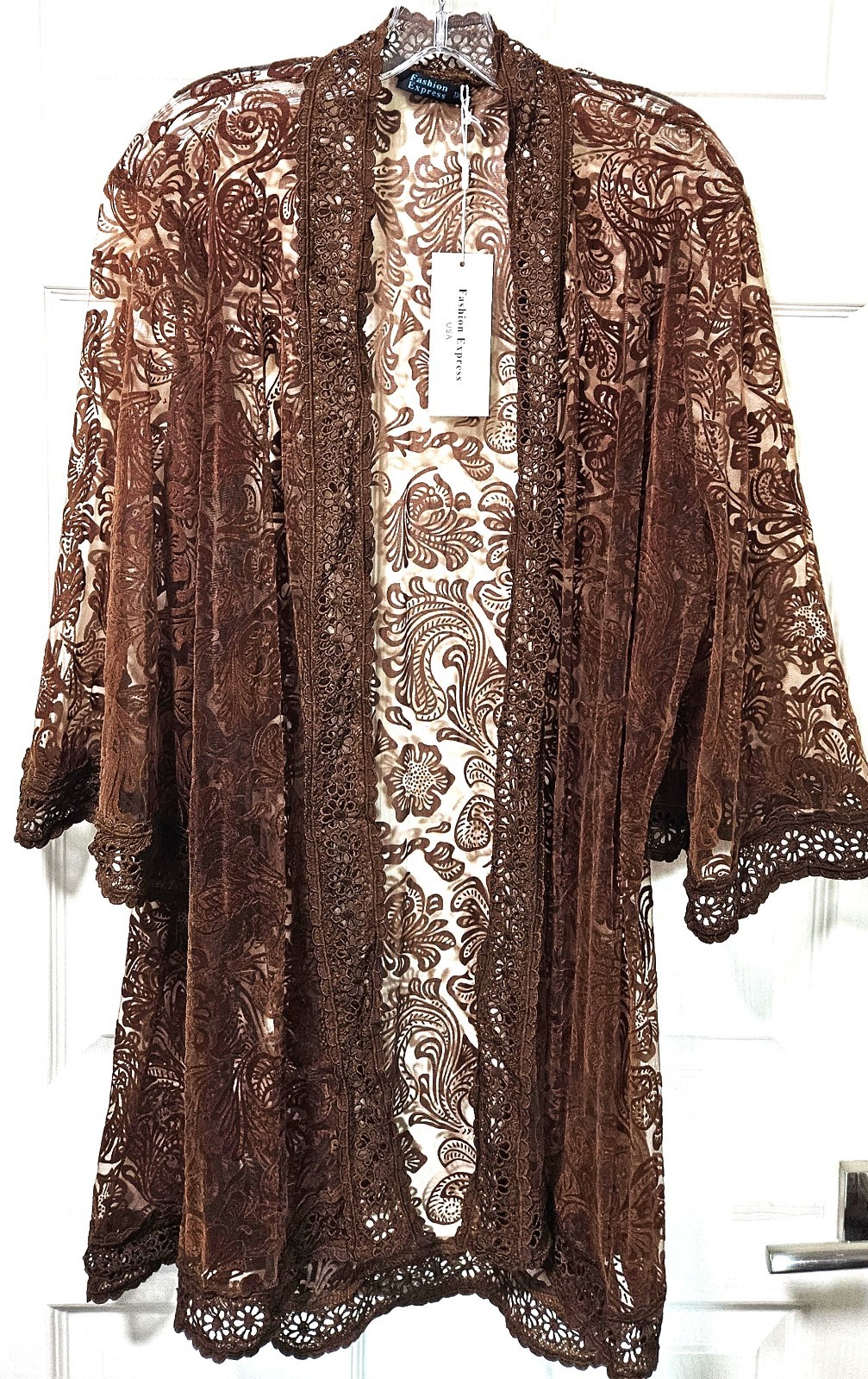 Fashion Express Chocolate Kimono Size 1X Floral 3/4 Sleeve Poly Open Lace NWT