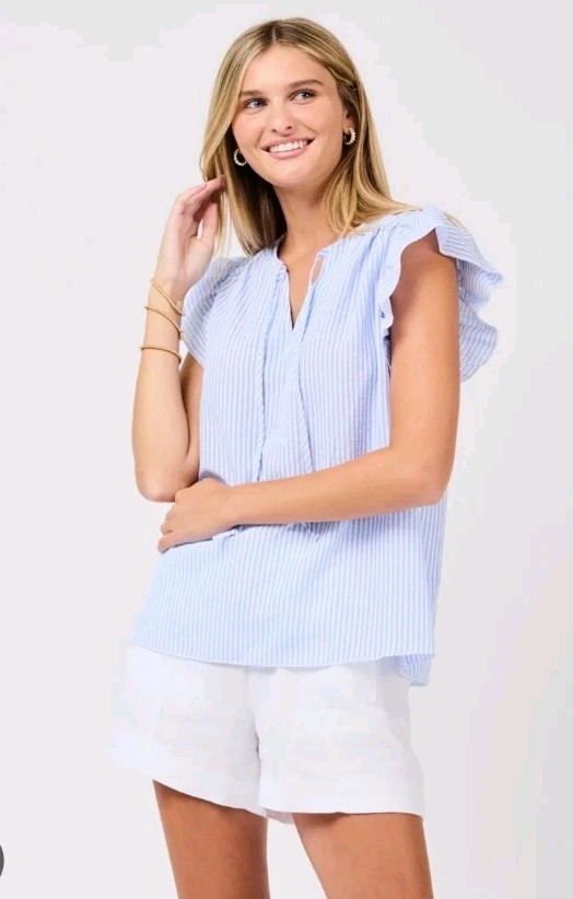 Mary Square Lydia Top Women’s Size Large Seersucker Striped Ruffle Cottagecore