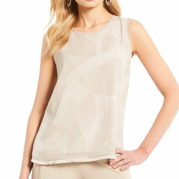 NEW H HALSTON Shell Eyelash Fringe Beige Cream Geometric Tank Top XS Extra Small