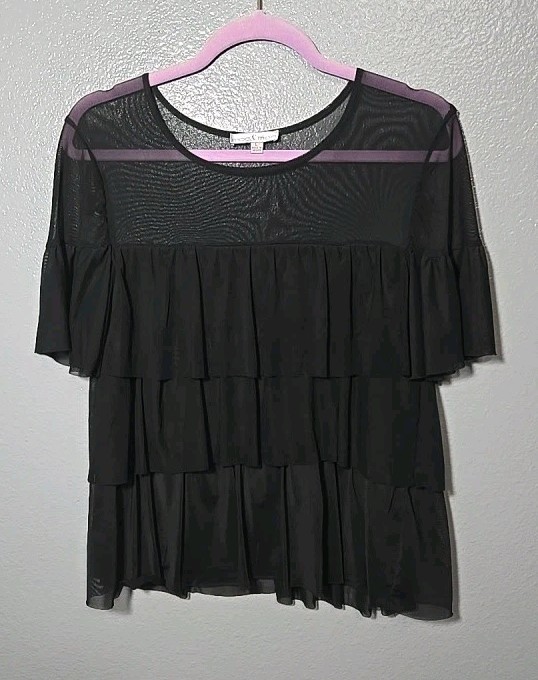 Sheer L Black Tiered Ruffle Top Flowy Lined Sheer Cape Sleeve
