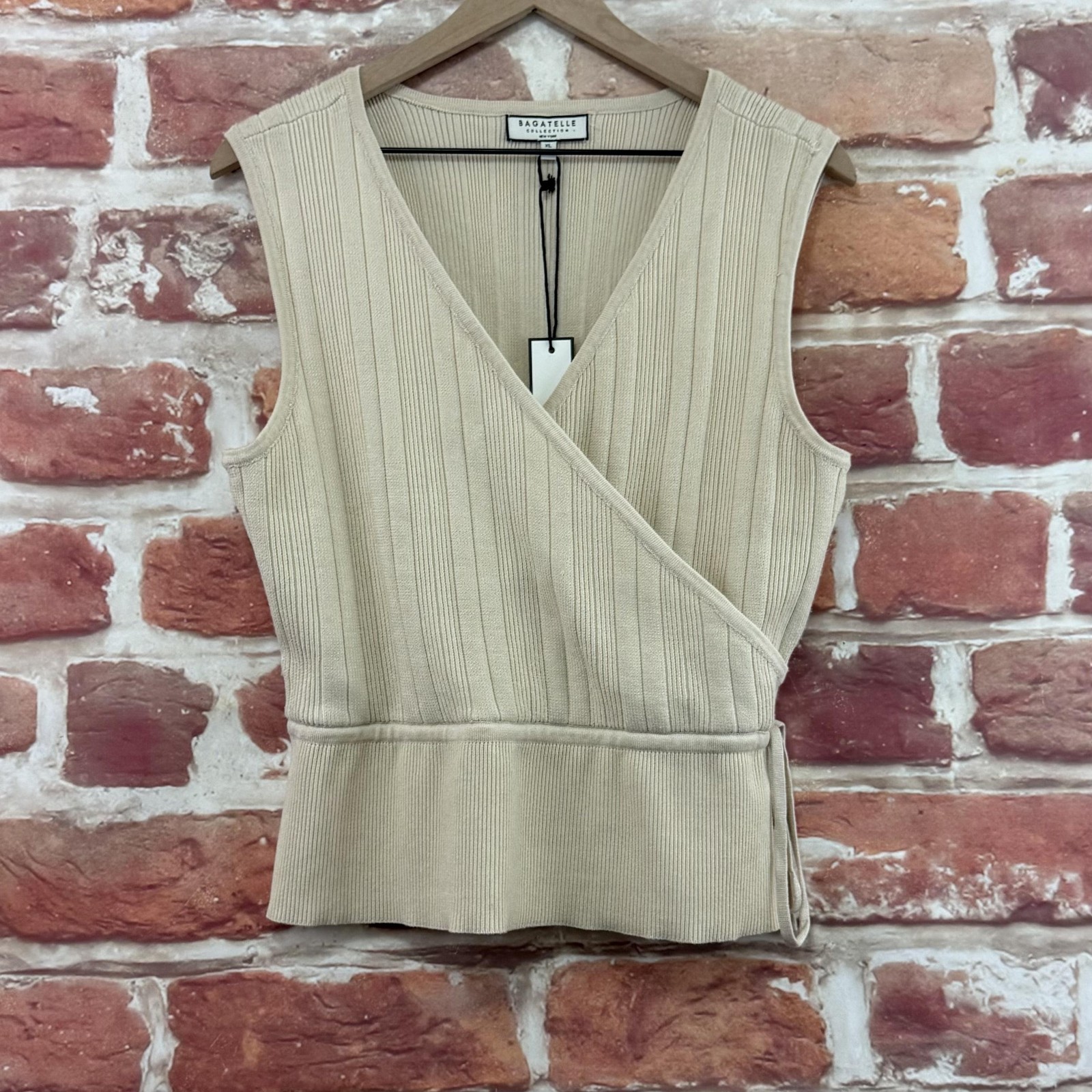Bagatelle Top Womens XL Beige Ribbed Striped Surplice Side Tie Casual Knit Shirt