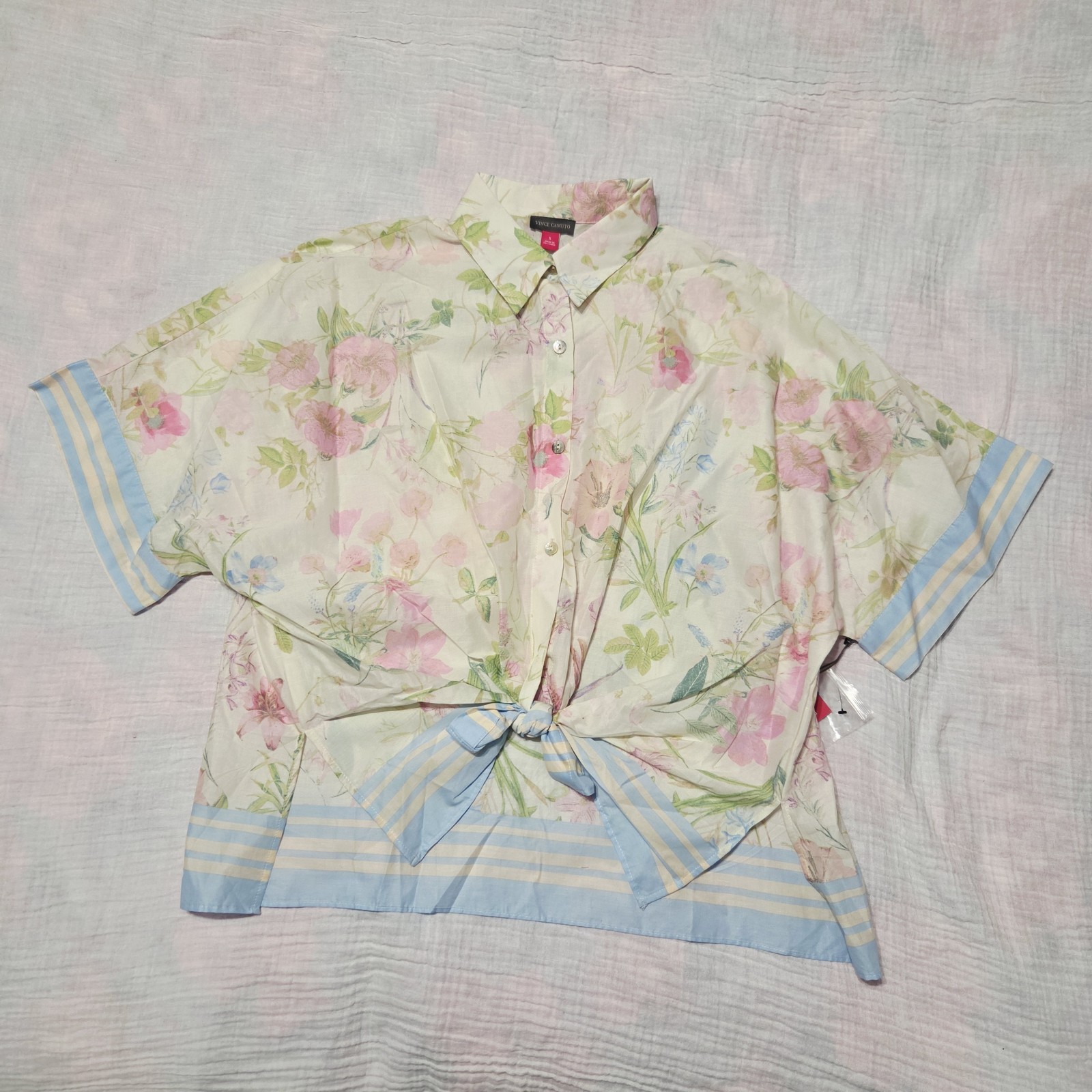 Vince Camuto Floral Tie-Front Button Down Blouse Top Blue Striped Trim Size S