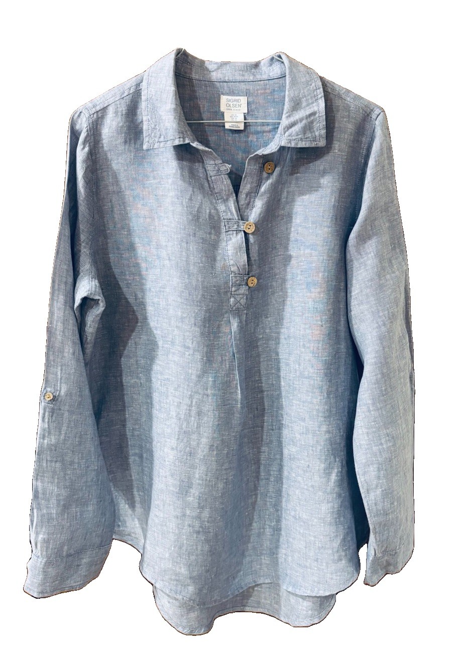 Sigrid Olsen Linen Tunic Top Women’s Medium Blue Roll-Tab Sleeve High-Low Hem