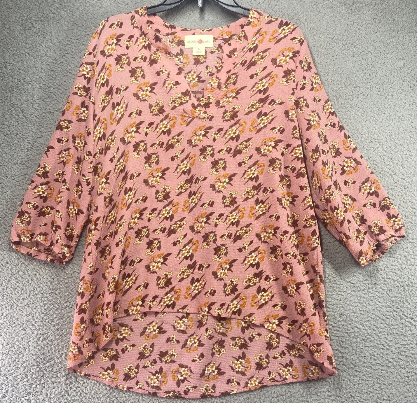 Wishful Park Women’s Pink Floral 3/4 Sleeve V-Neck Blouse Size L
