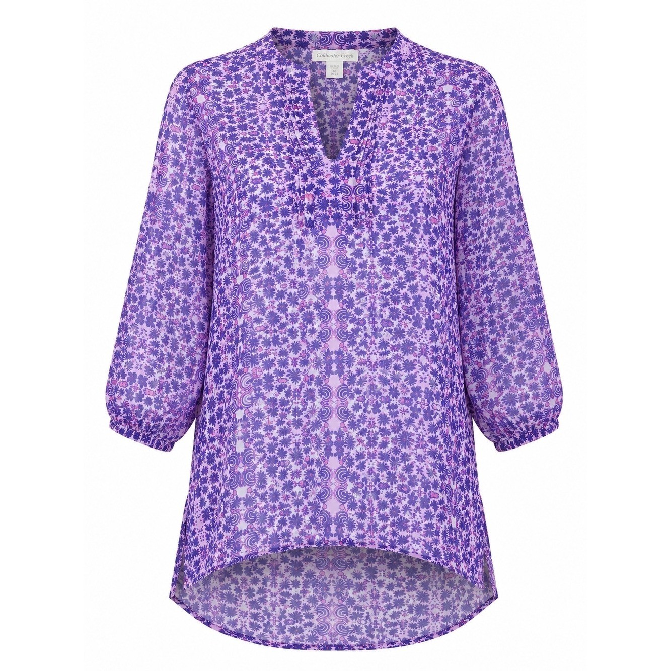 COLDWATER CREEK | Semi Sheer Print Pintuck Popover Purple Blouse Boho | M 10 12