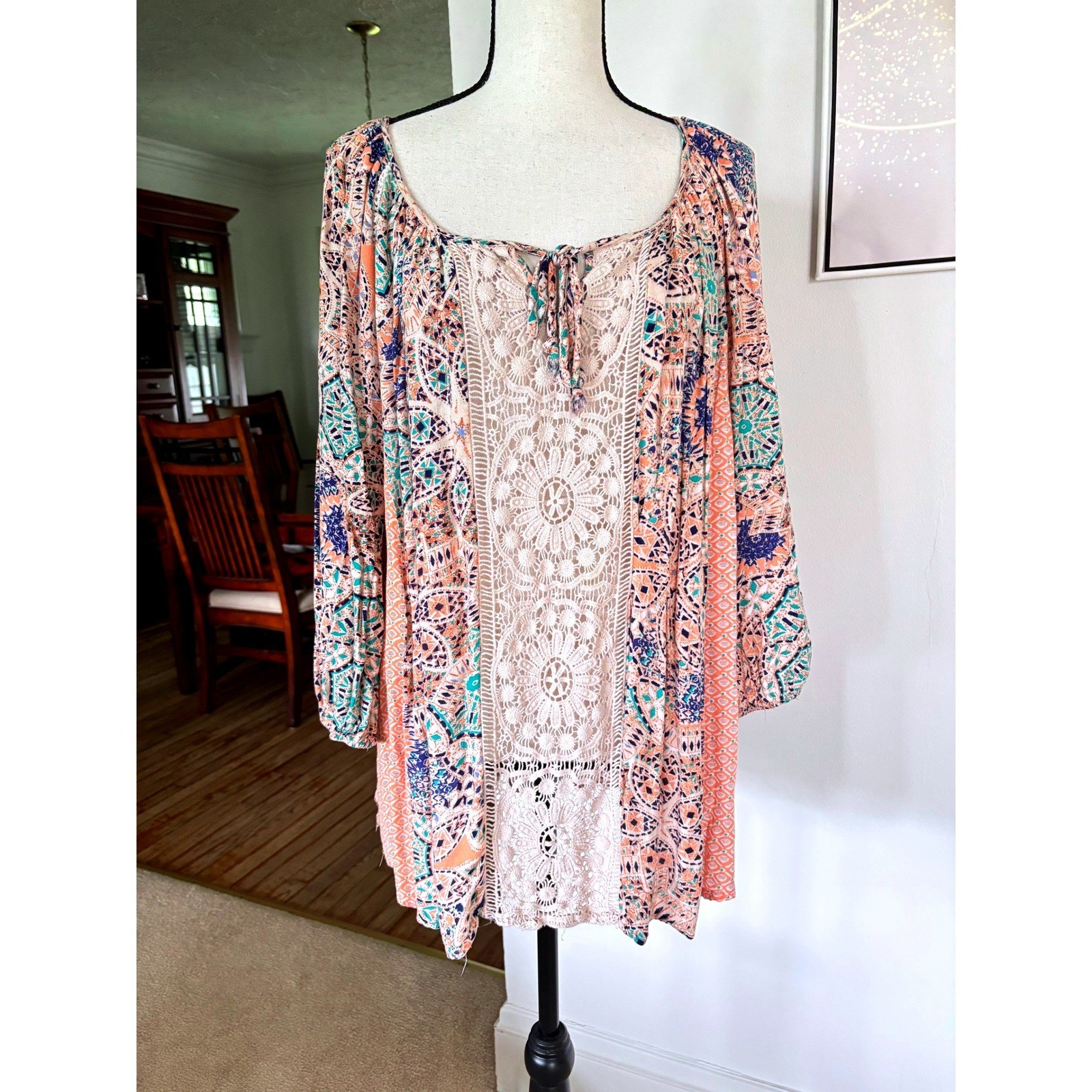 Rose & Thyme Boho Paisley Crochet Lace Tunic Top Sz 3X Coral Navy Rayon