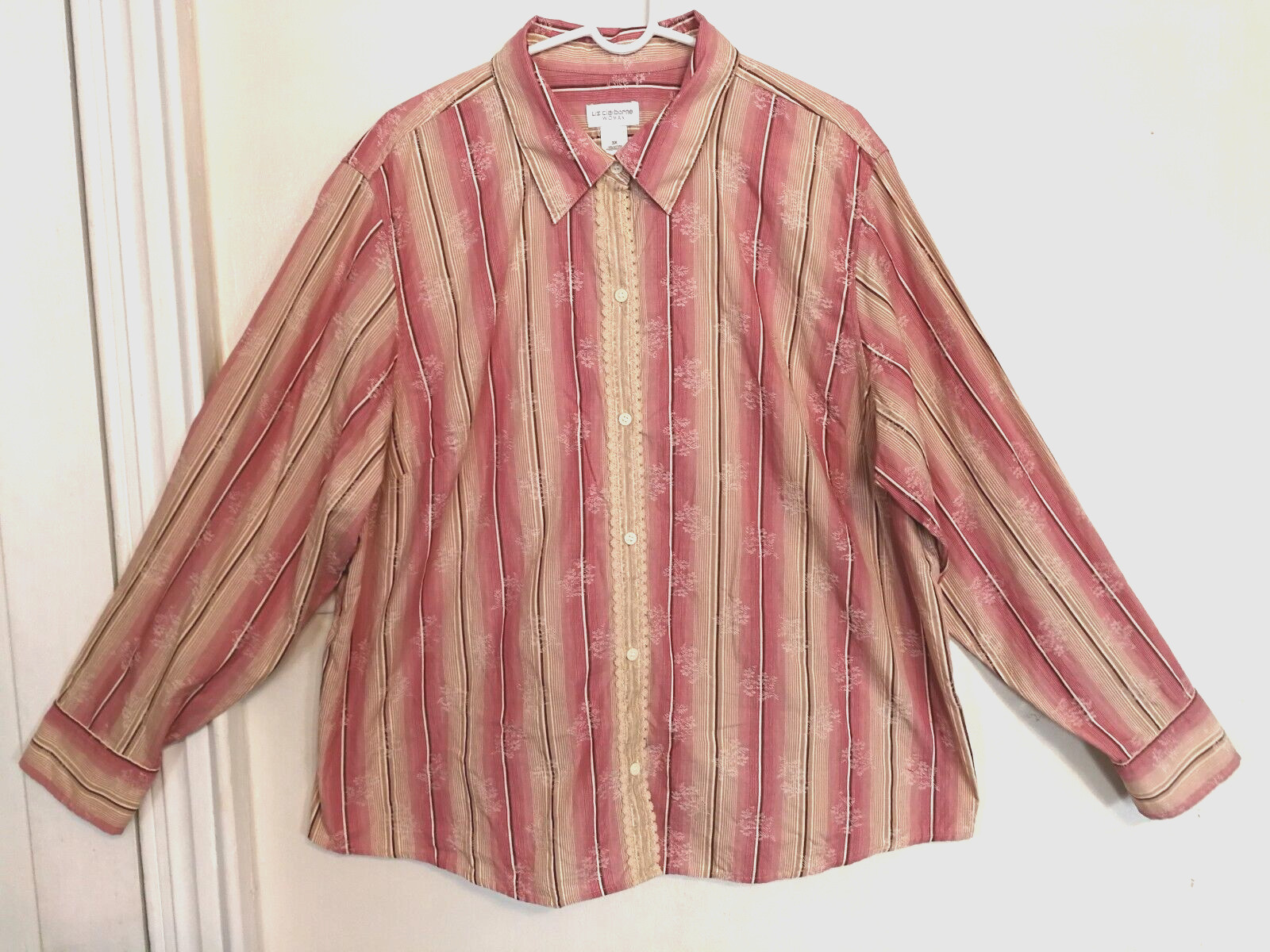 Liz Claiborne Womens Blouse 3X Plus Floral Purple Brown Lace Button Long Sleeve