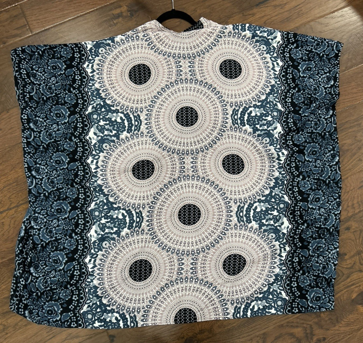 Lotus Luna Blue Mandala Floral Kimono Wrap Rayon Cover-Up Handmade Thailand OS