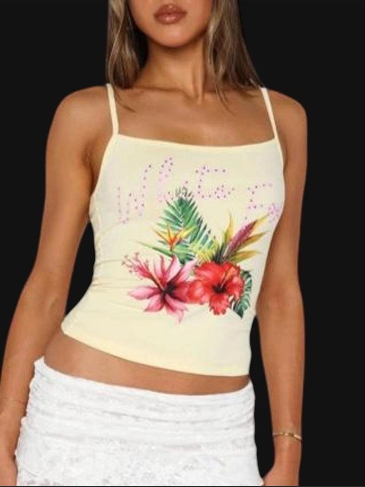 White Fox Boutique Yellow Rhinestone Floral Cami Top