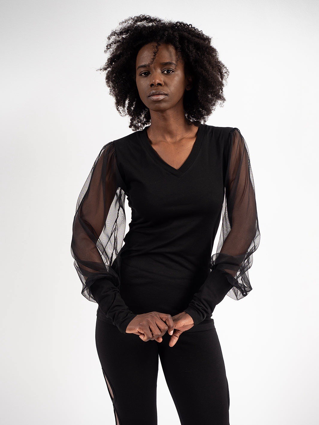 METAMORPHOZA NWT $125 Handmade In Bulgaria V-Neck Sheer Arm Black Shirt Size M
