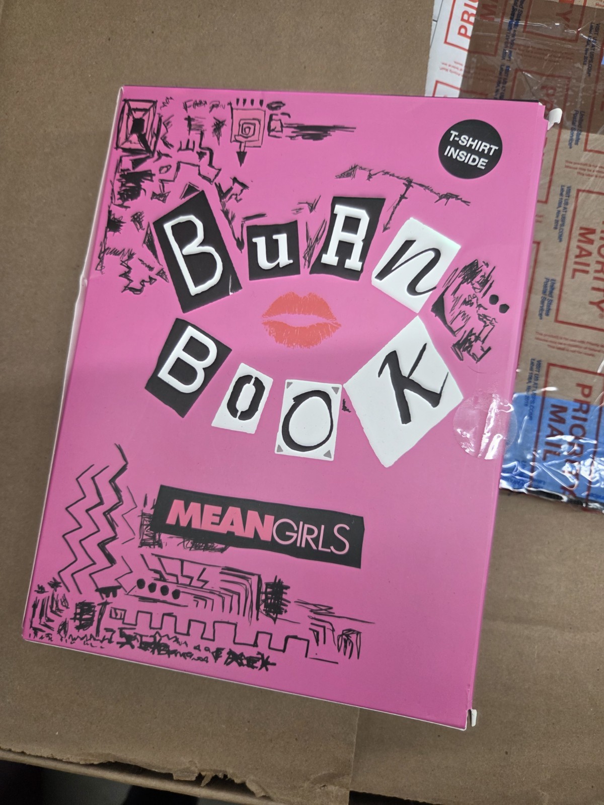 Mean Girls Burn Book Black Tee Shirt In Box (L) NEW bundle set popcorn and cup