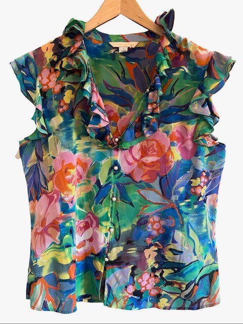 St John Couture Silk Blouse 8 Watercolor Floral Ruffle Sleeveless Button Top