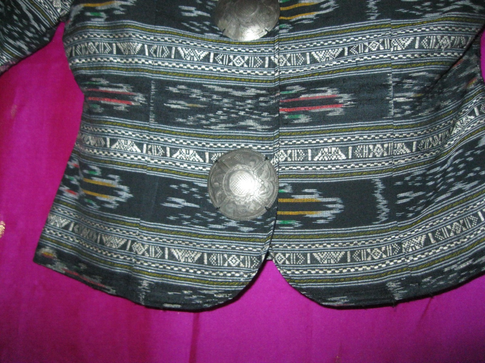 THAILAND, HAND WOVEN BLACK SILK BLOUSE W/ SILVER COLORED DISKS, NEW, SZ. S/M