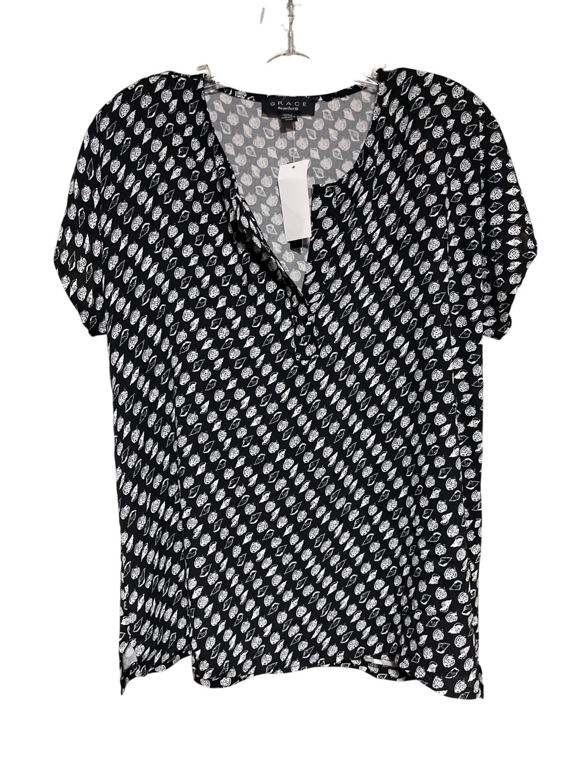 Grace Womens Blouse Black & White Seashell Print Size M Lightweight V-Neck