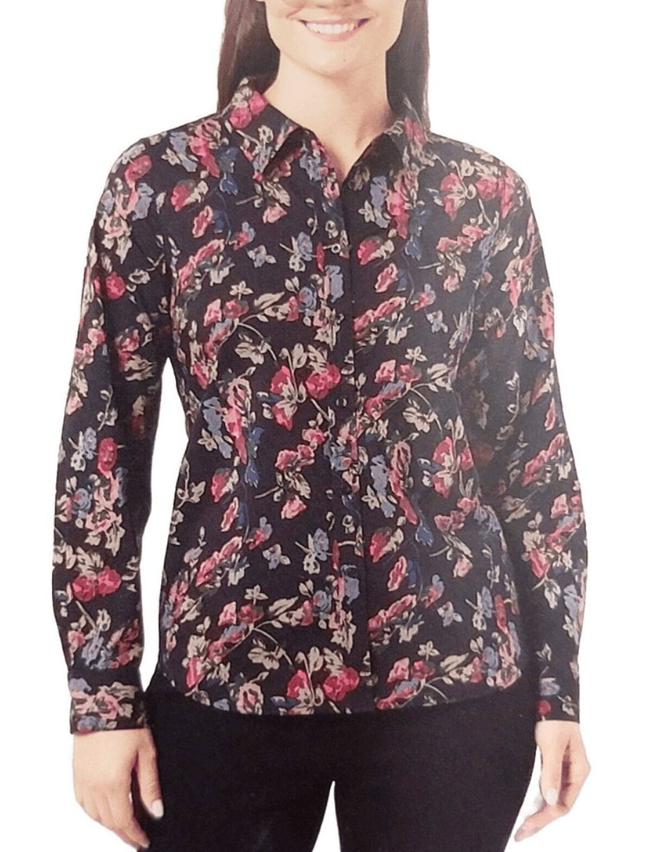 Chaps Small Easy Care Button Up No Iron Stretch Modal Black Floral Blouse