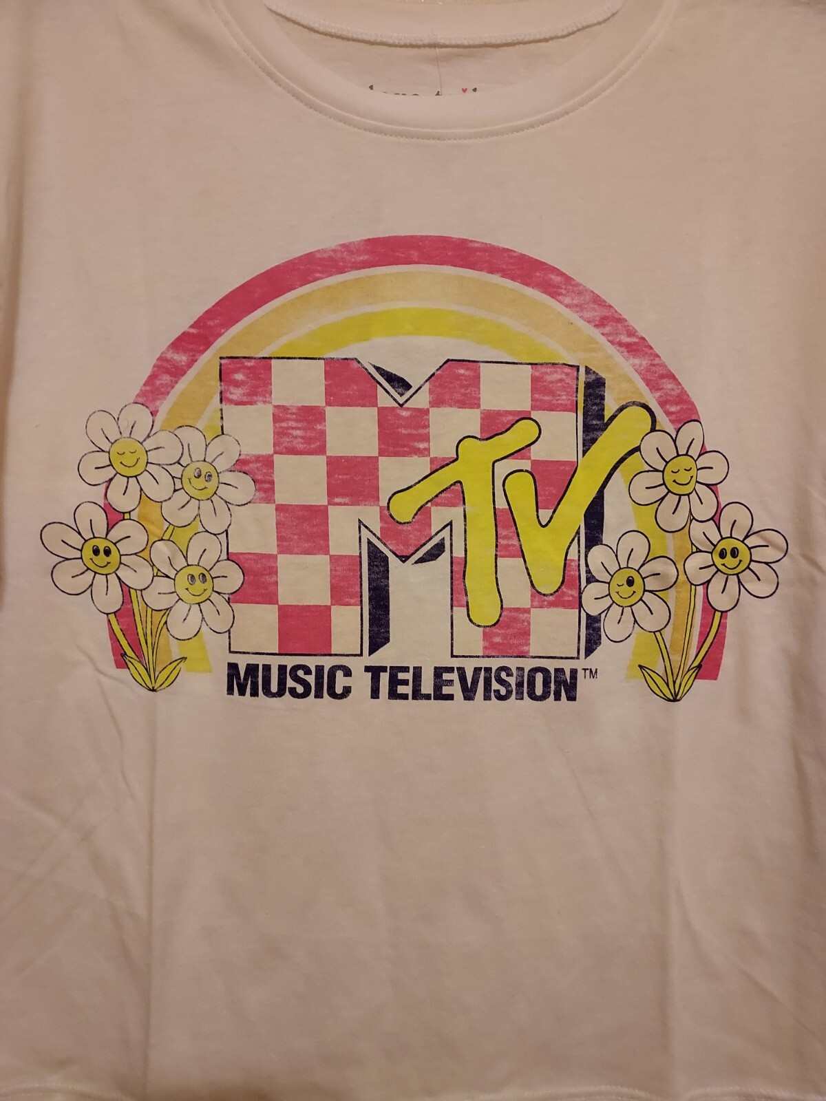 Women’s T Shirt L Checkered Flower MTV Sits At Waist